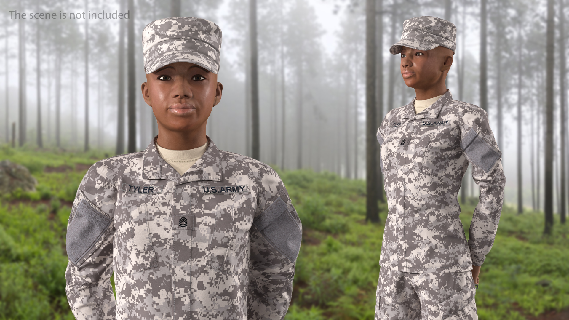 3D Black Female Soldier ACU Camo Standing Pose model