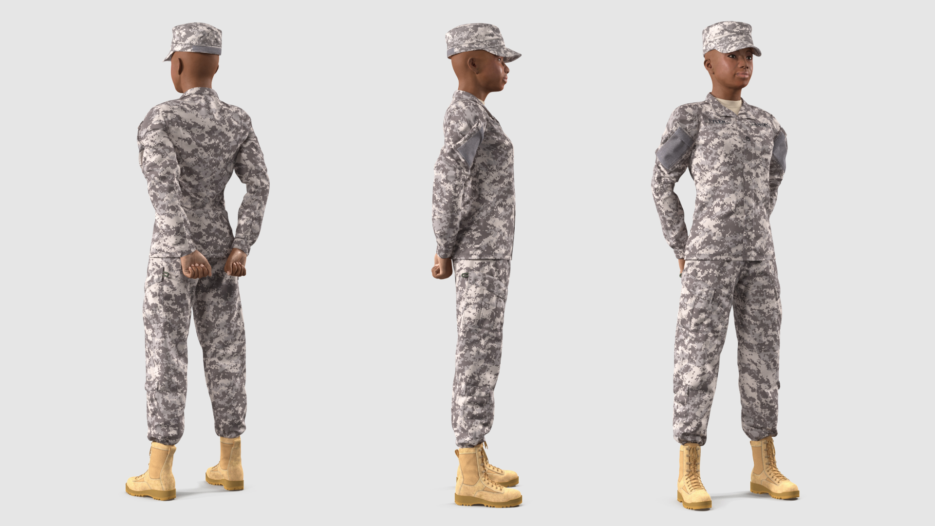 3D Black Female Soldier ACU Camo Standing Pose model