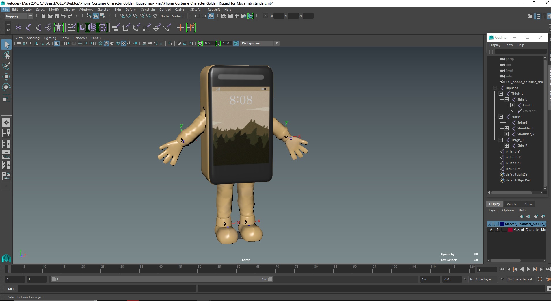 3D Phone Costume Character Golden Rigged for Maya