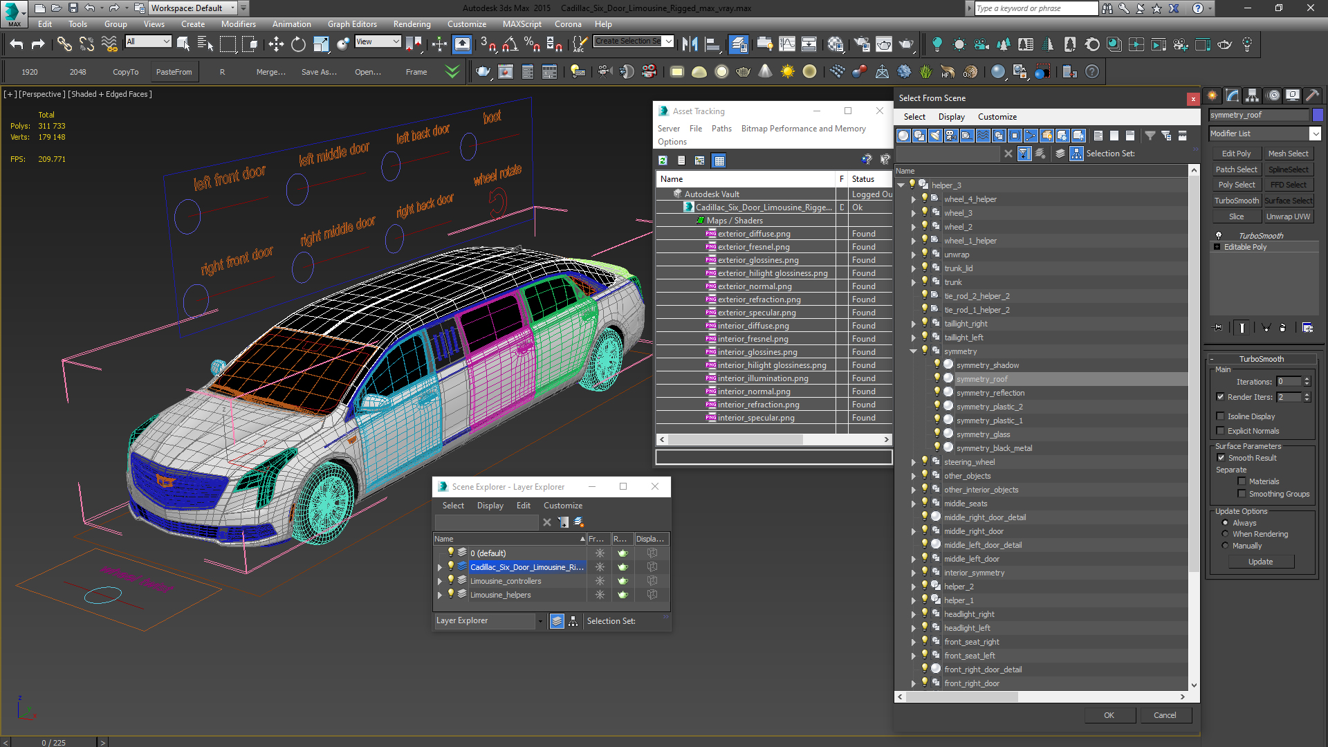 Cadillac Six Door Limousine Rigged 3D model