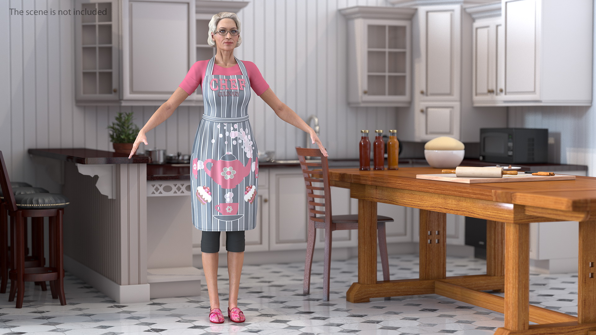 Elderly Woman in Kitchen Apron T Pose 3D