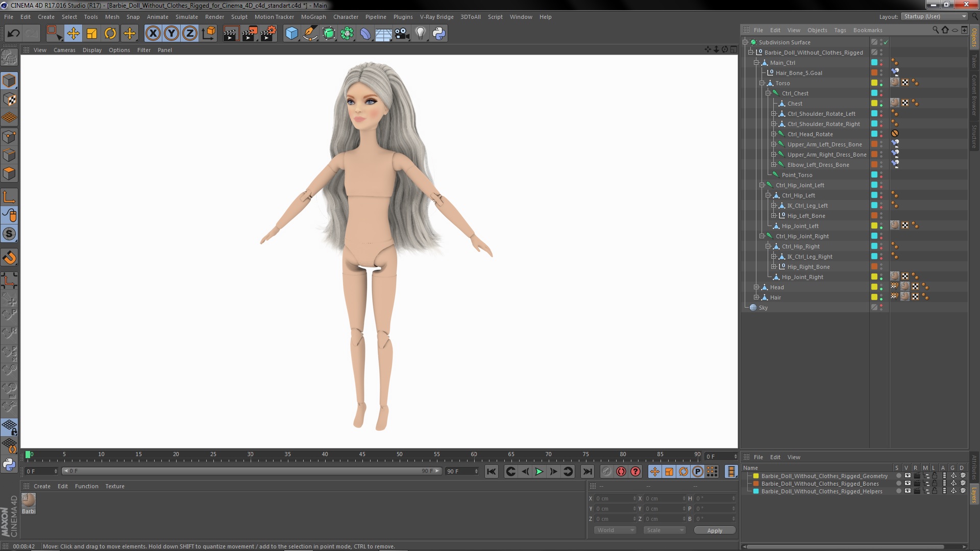 3D Barbie Doll Without Clothes Rigged for Cinema 4D model