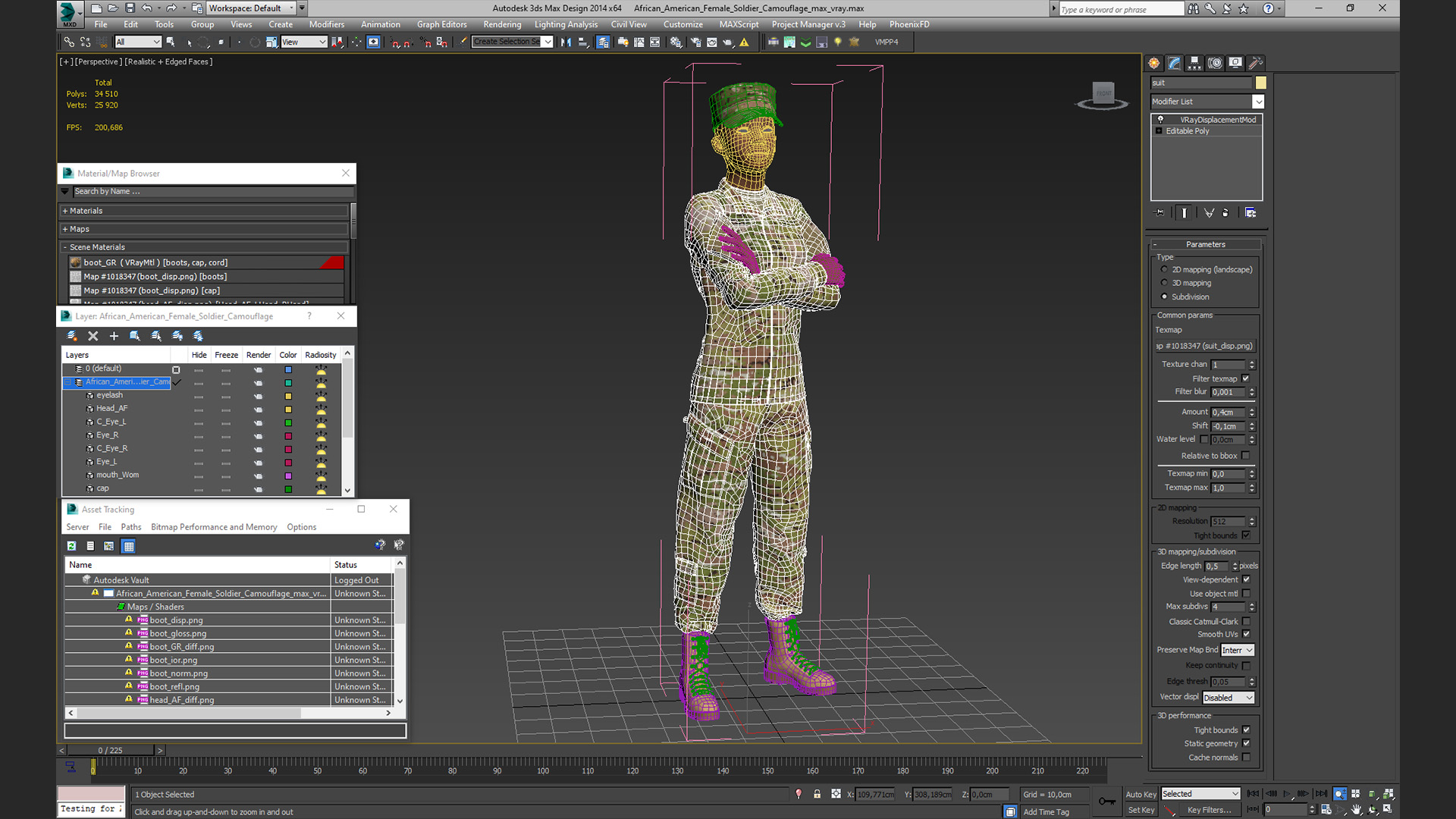 African American Female Soldier Camouflage 3D