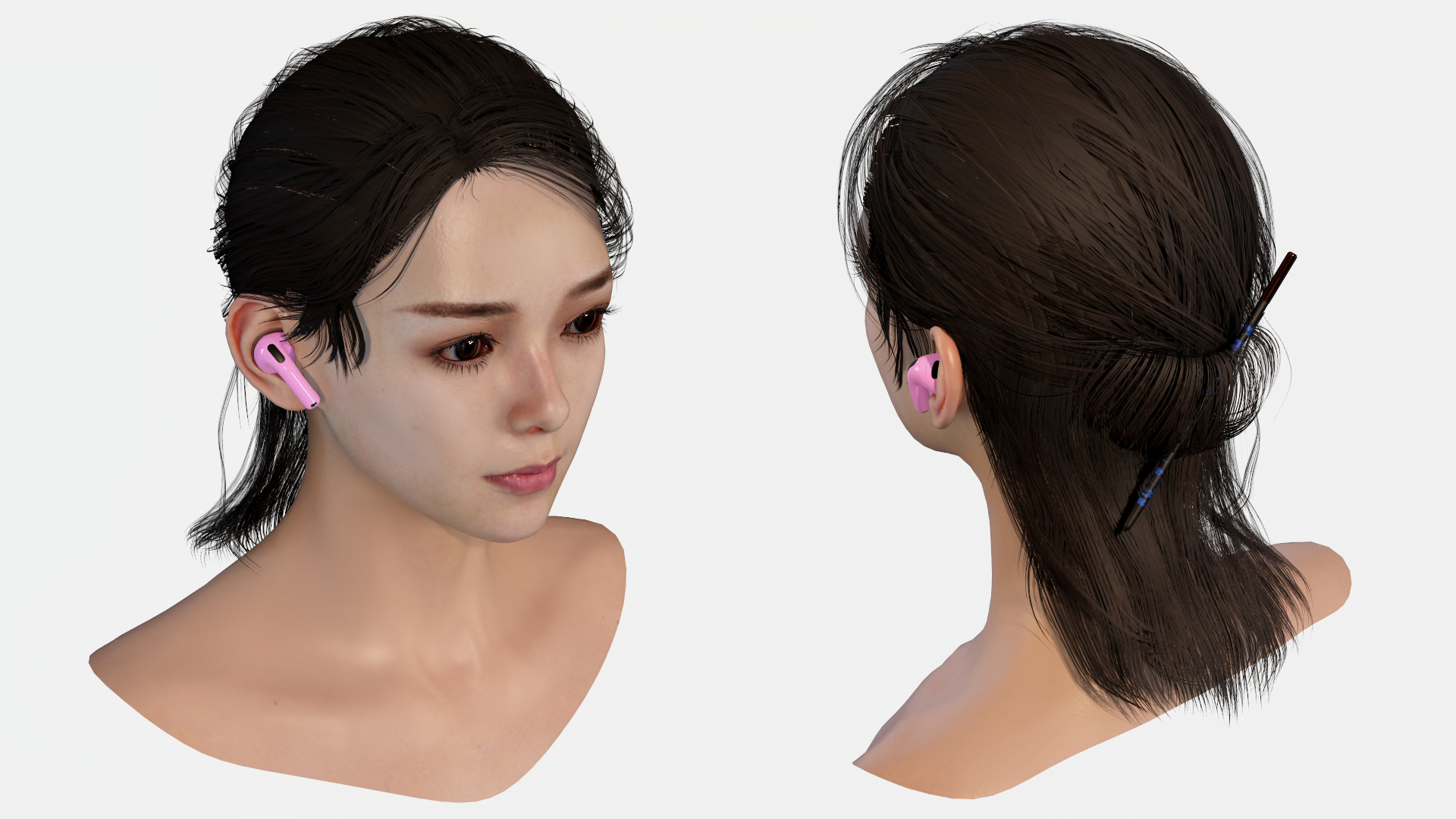 3D Female Head with Pink Wireless Earbuds model