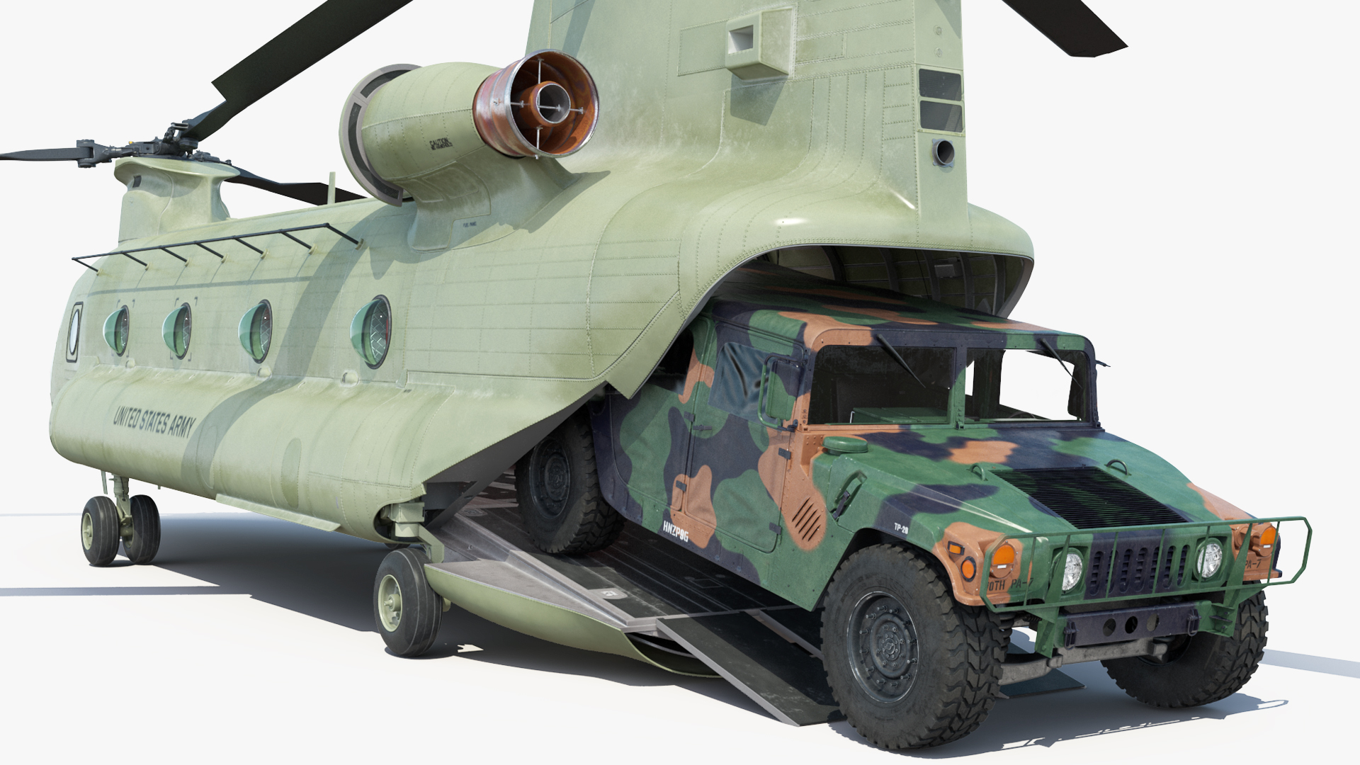 3D Loading Humvee in CH47 Chinook Helicopter Rigged model