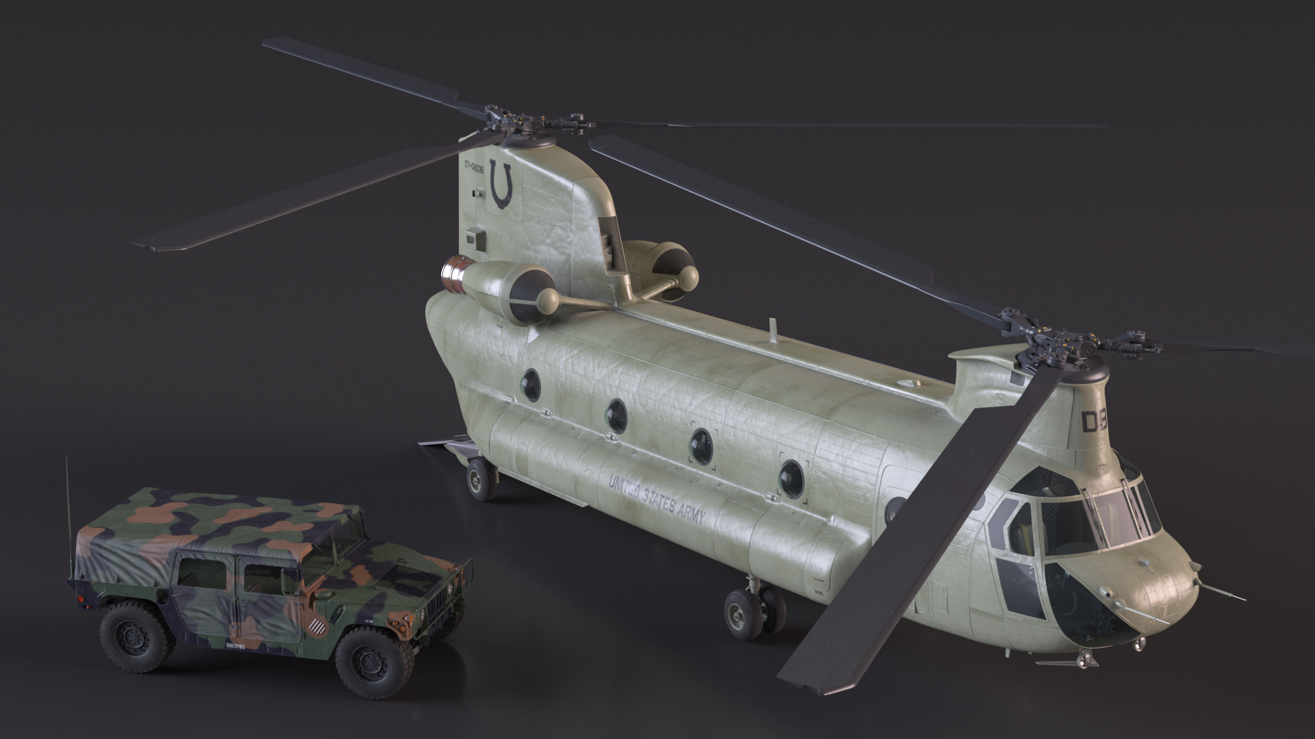 3D Loading Humvee in CH47 Chinook Helicopter Rigged model