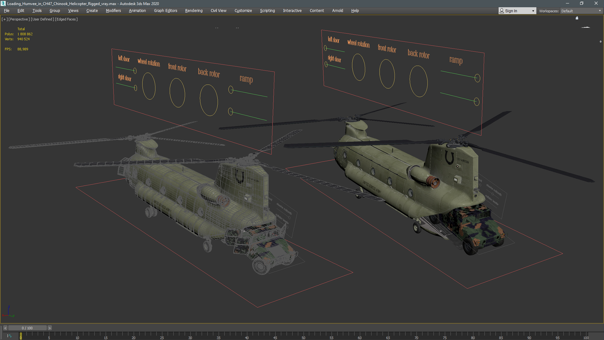 3D Loading Humvee in CH47 Chinook Helicopter Rigged model