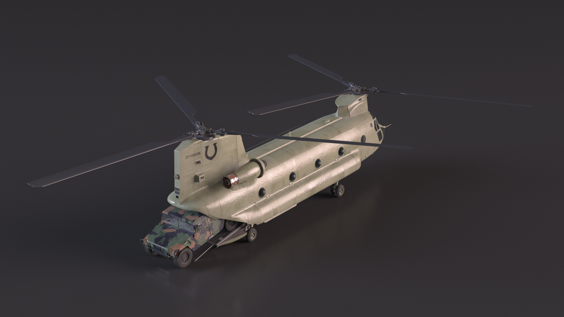 3D Loading Humvee in CH47 Chinook Helicopter Rigged model