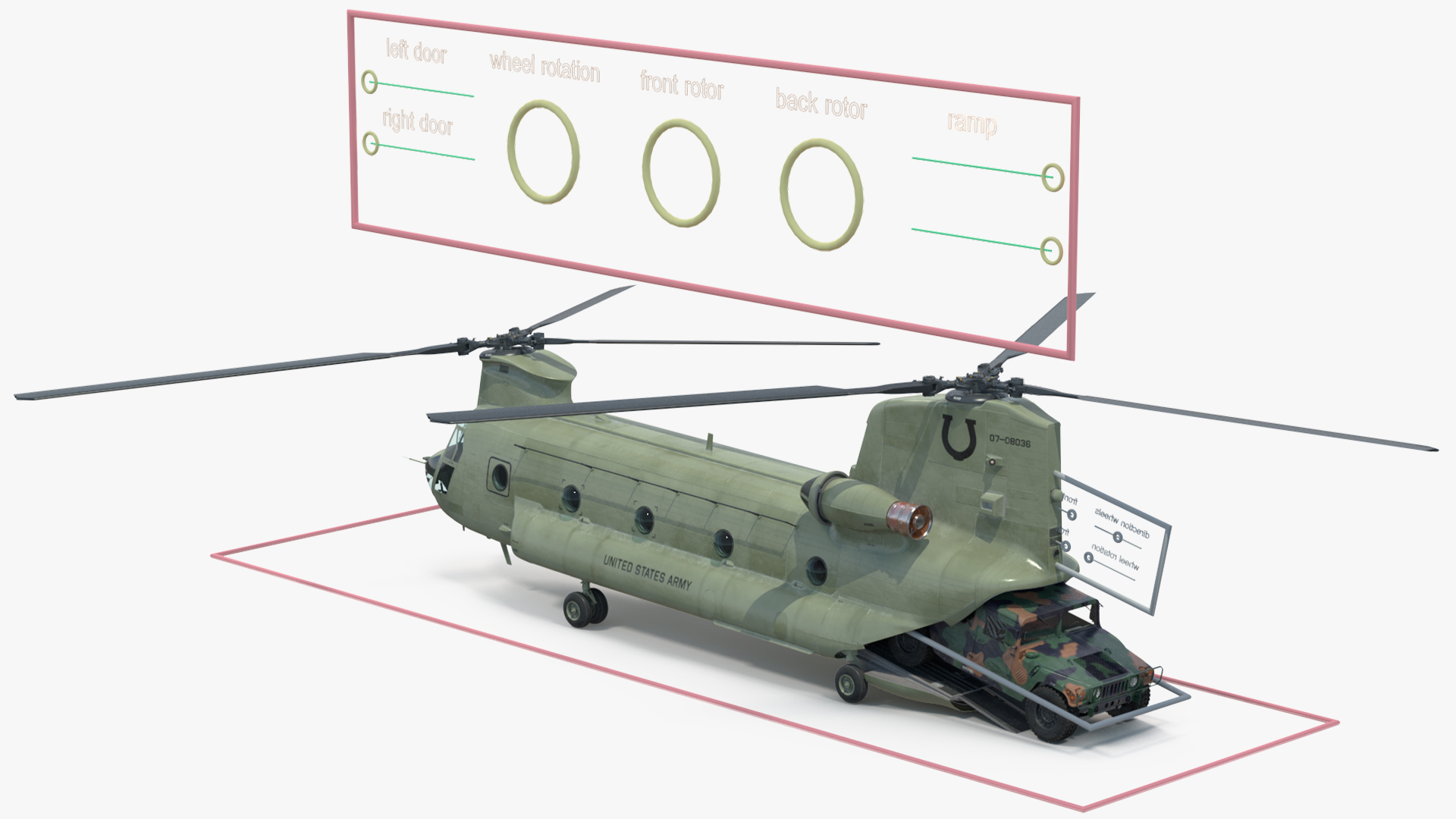 3D Loading Humvee in CH47 Chinook Helicopter Rigged model