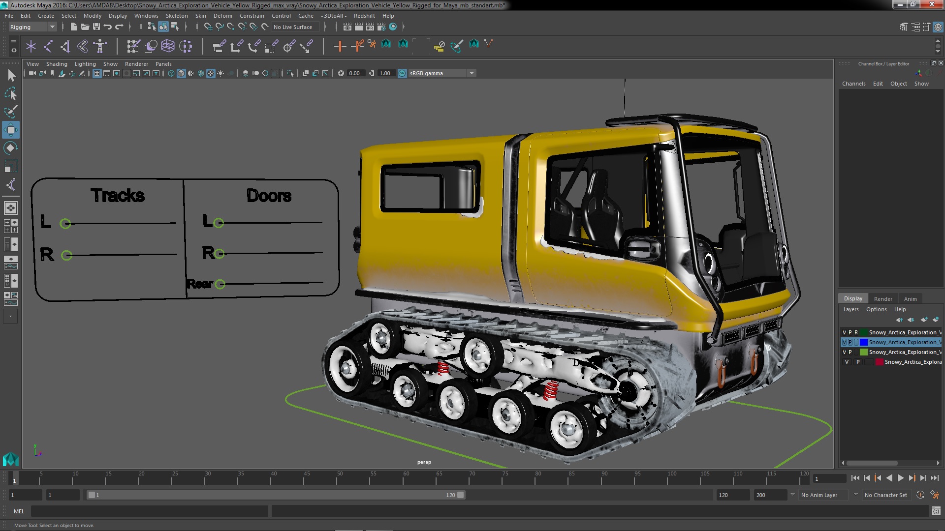 3D Snowy Arctica Exploration Vehicle Yellow Rigged for Maya