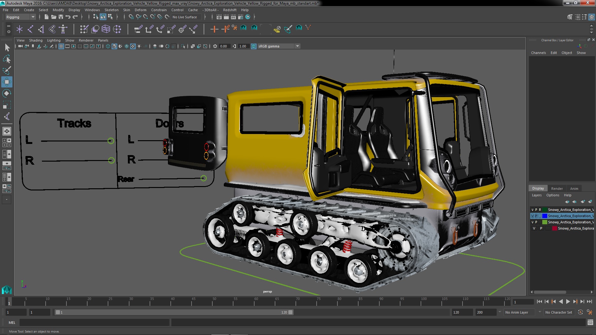 3D Snowy Arctica Exploration Vehicle Yellow Rigged for Maya