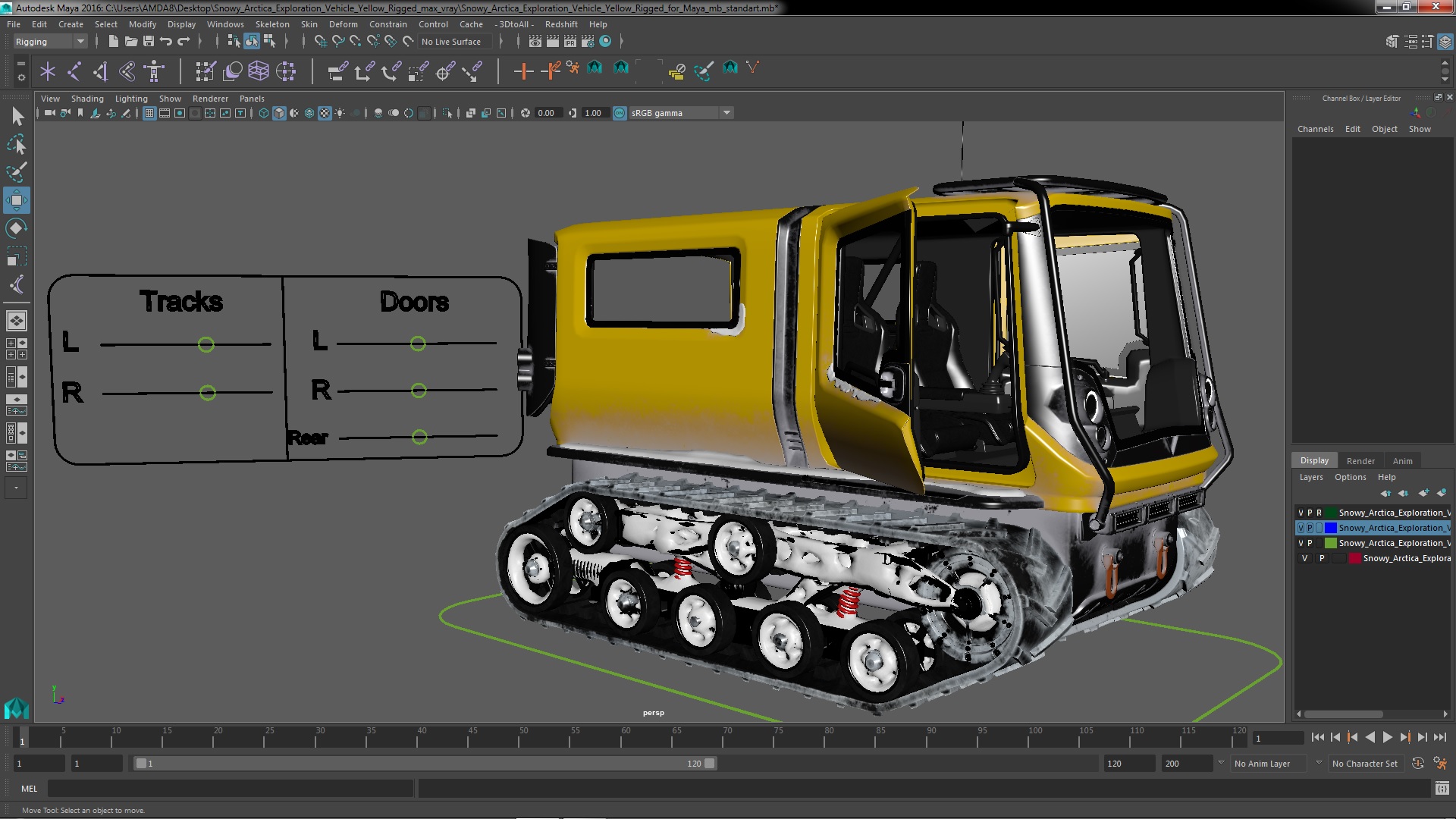 3D Snowy Arctica Exploration Vehicle Yellow Rigged for Maya