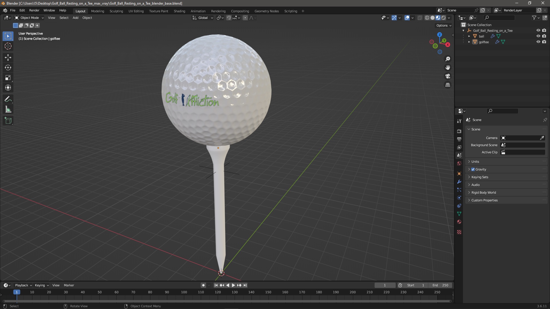 3D Golf Ball Resting on a Tee