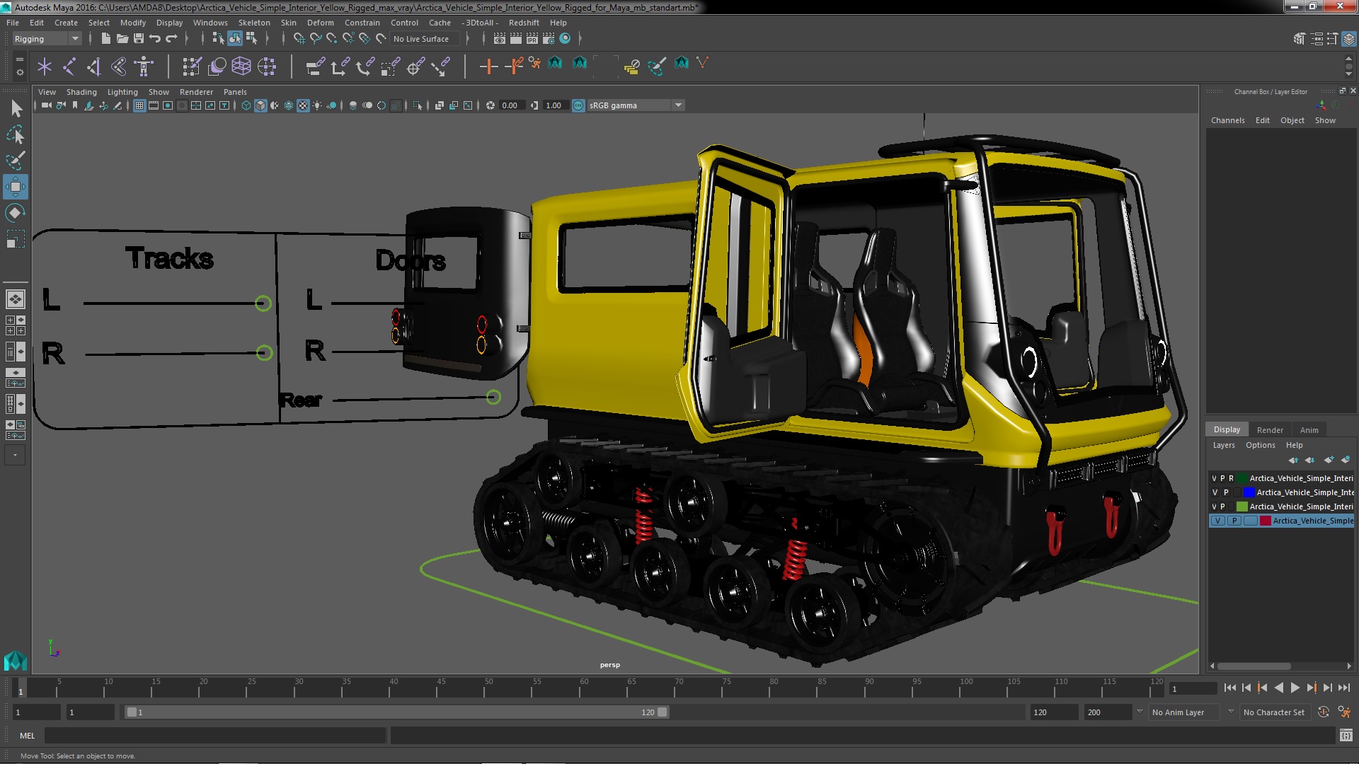 Arctica Vehicle Simple Interior Yellow Rigged for Maya 3D model