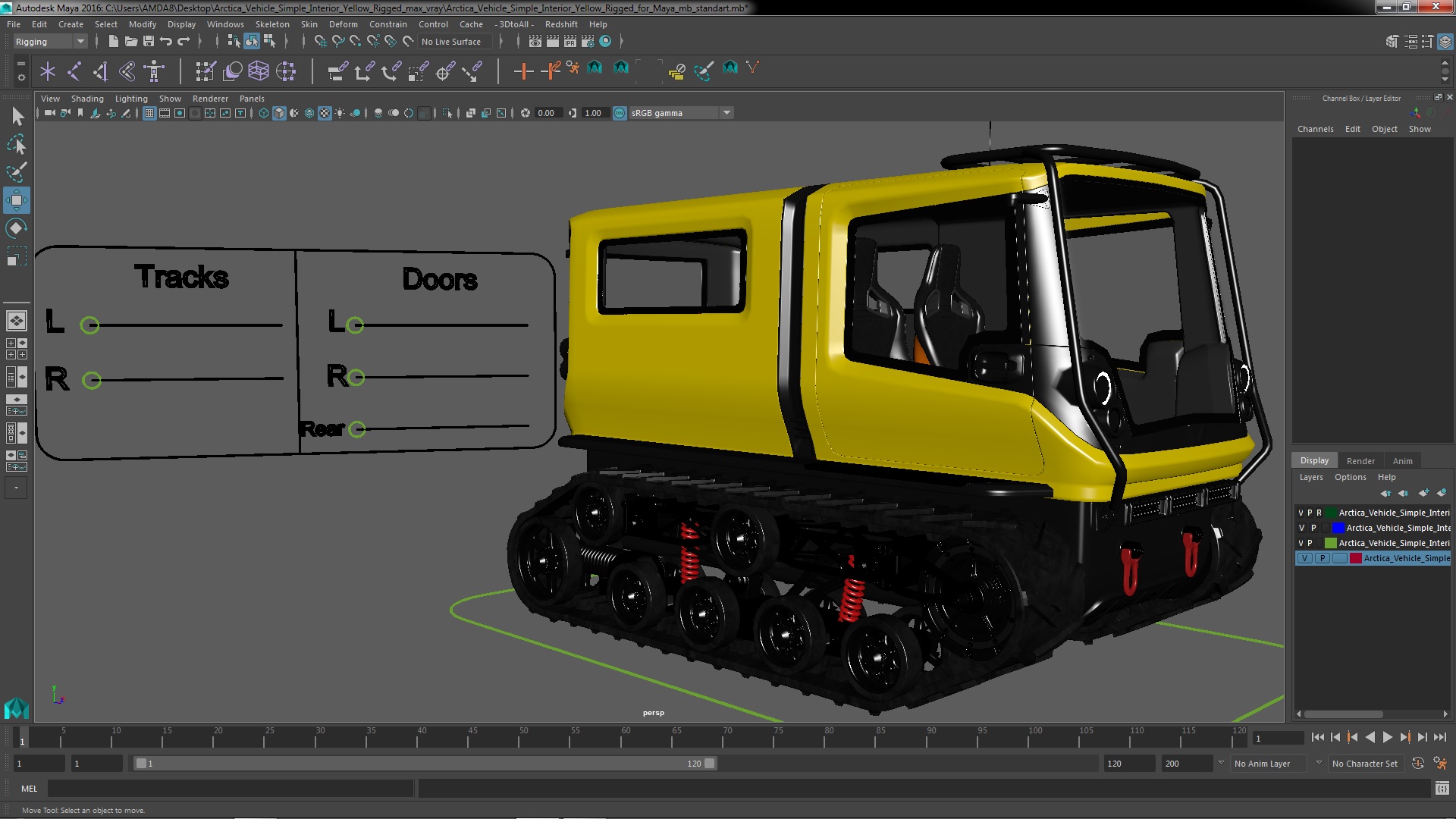 Arctica Vehicle Simple Interior Yellow Rigged for Maya 3D model