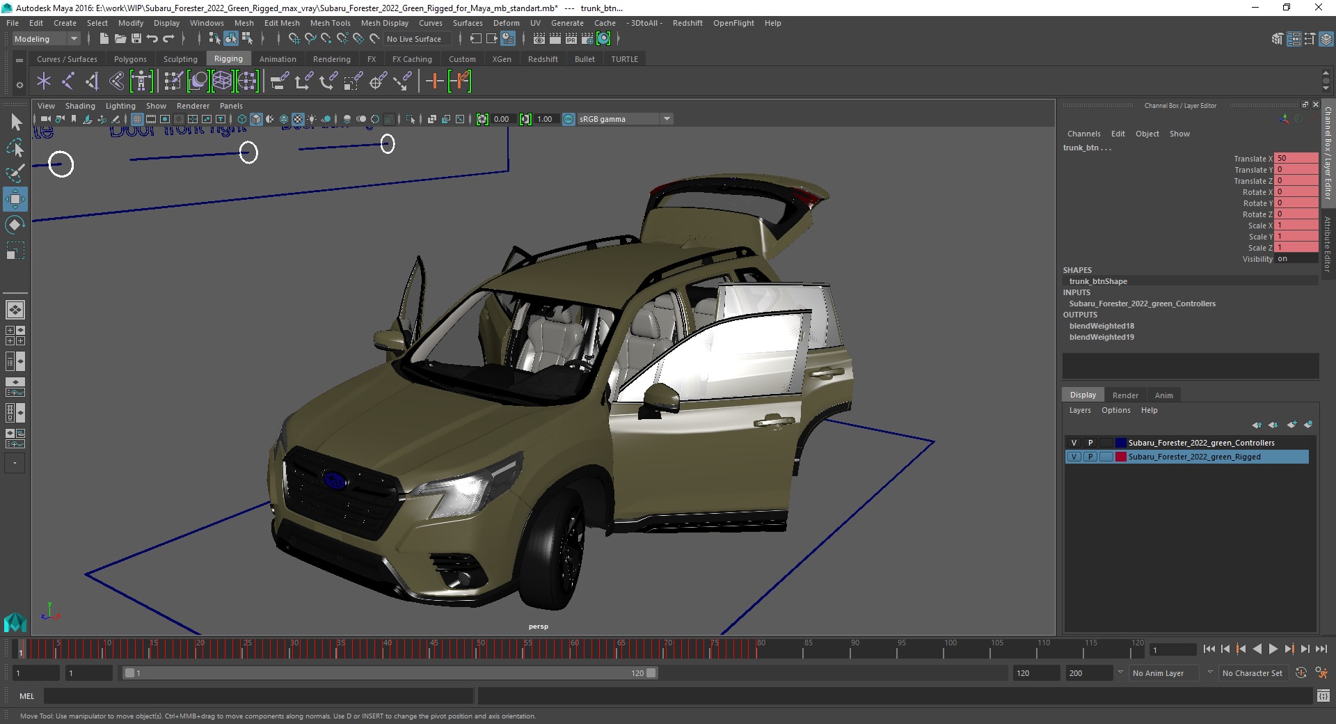 Subaru Forester 2022 Green Rigged for Maya 3D