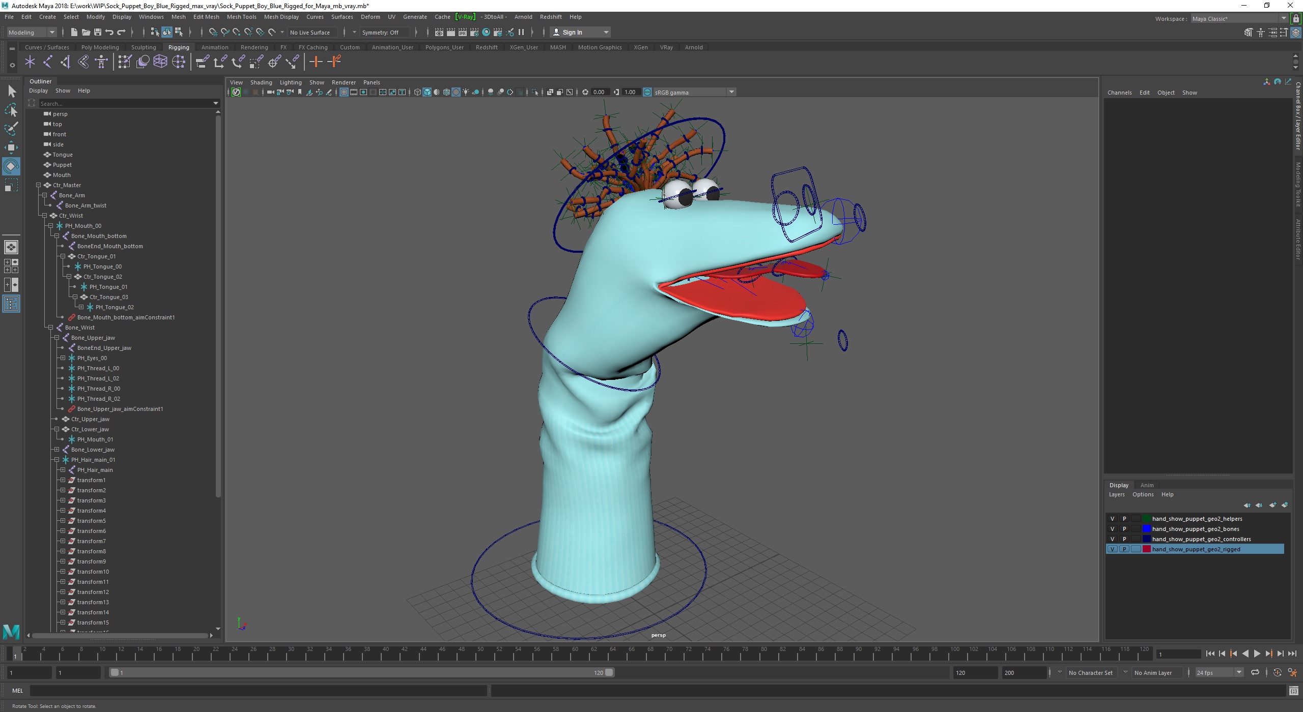 3D Sock Puppet Boy Blue Rigged for Maya