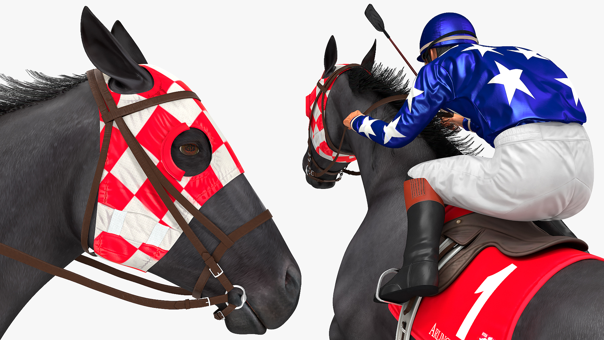 3D Jumping Black Racing Horse with Jokey Fur