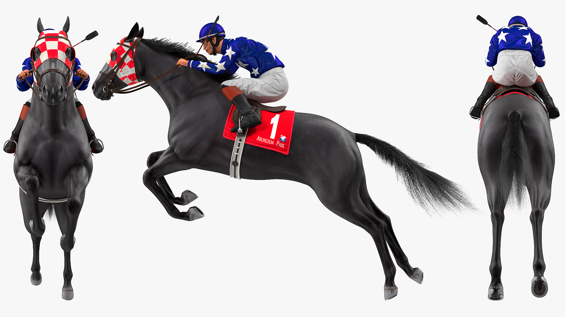 3D Jumping Black Racing Horse with Jokey Fur