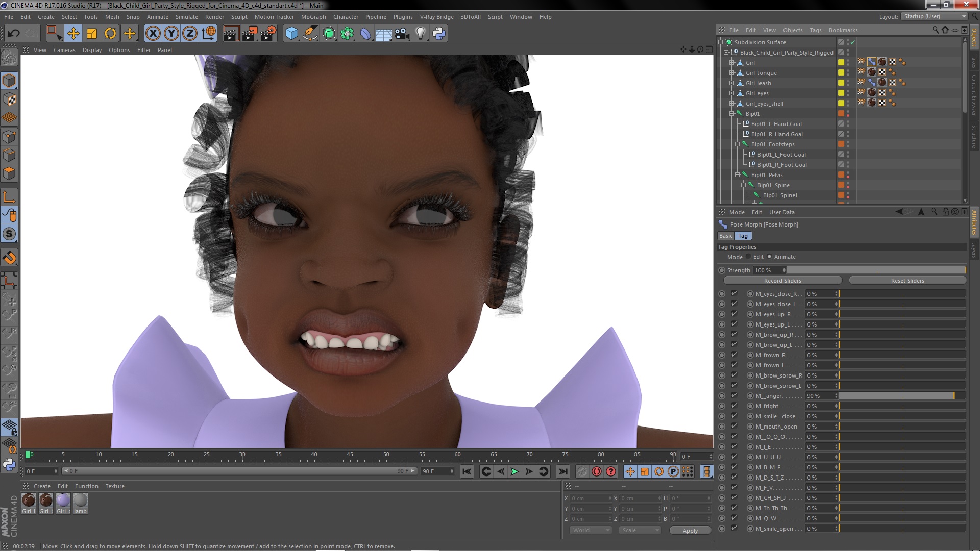 Black Child Girl Party Style Rigged for Cinema 4D 3D model