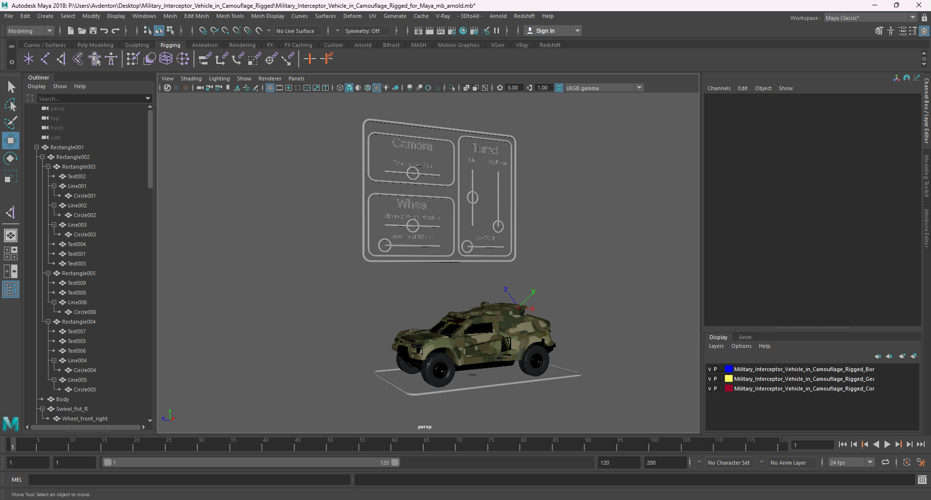 3D Military Interceptor Vehicle in Camouflage Rigged for Maya model