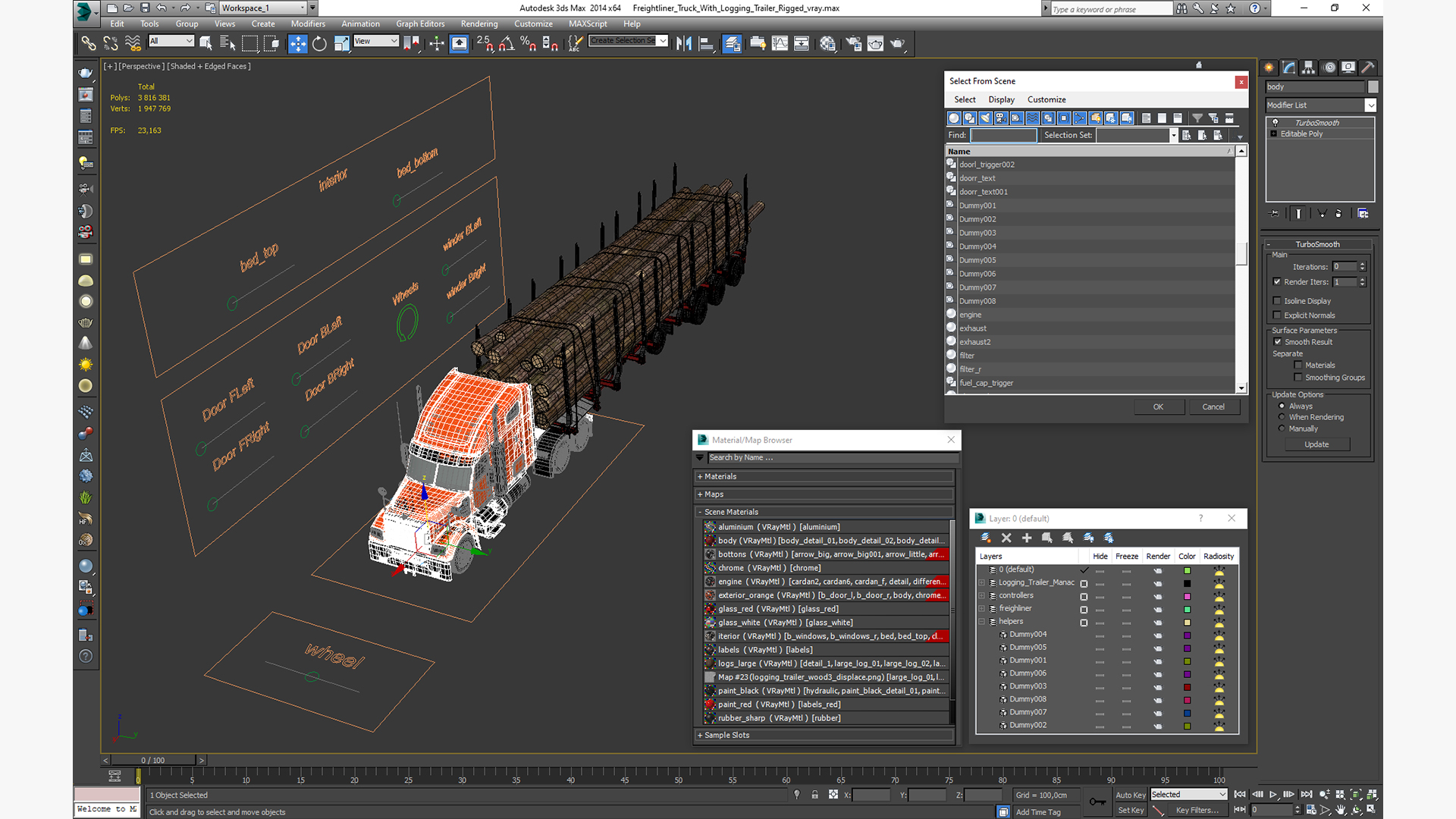 3D Freightliner Truck with Logging Trailer Rigged