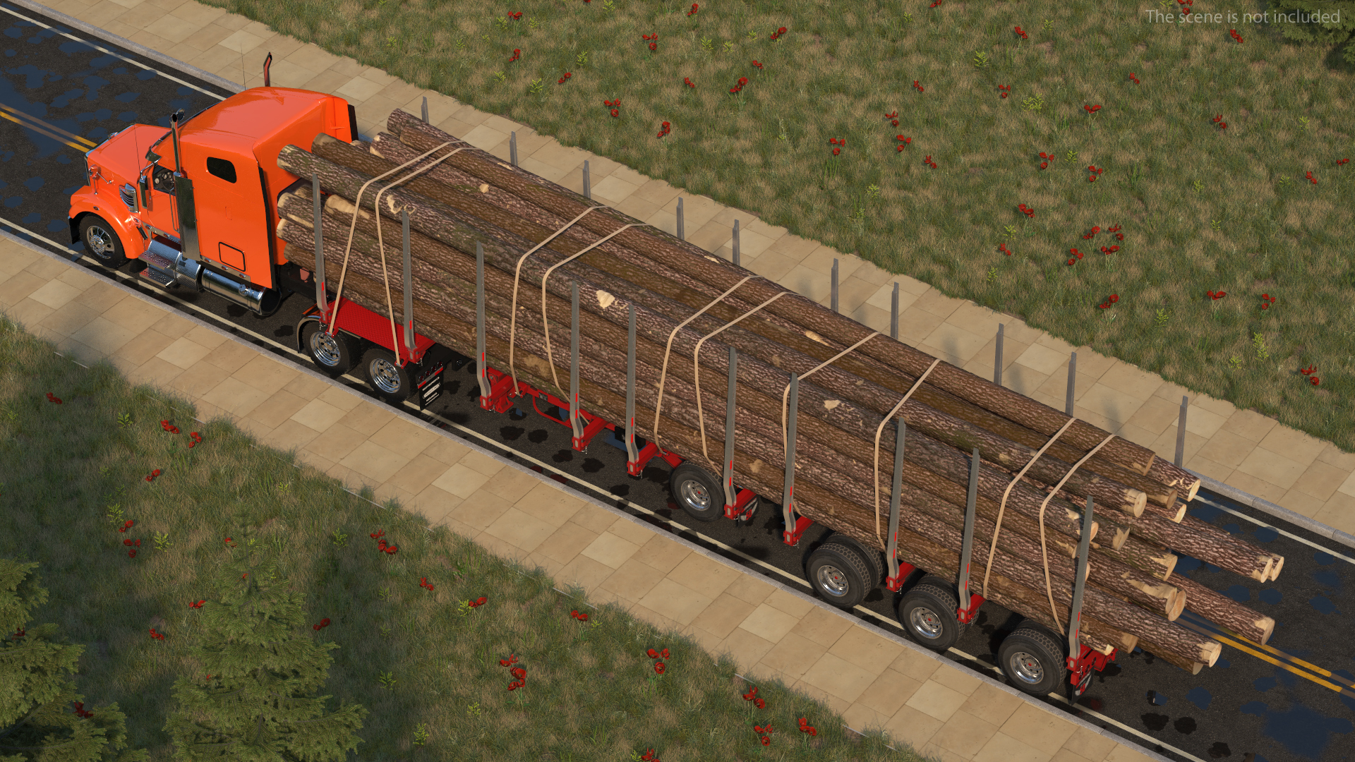 3D Freightliner Truck with Logging Trailer Rigged