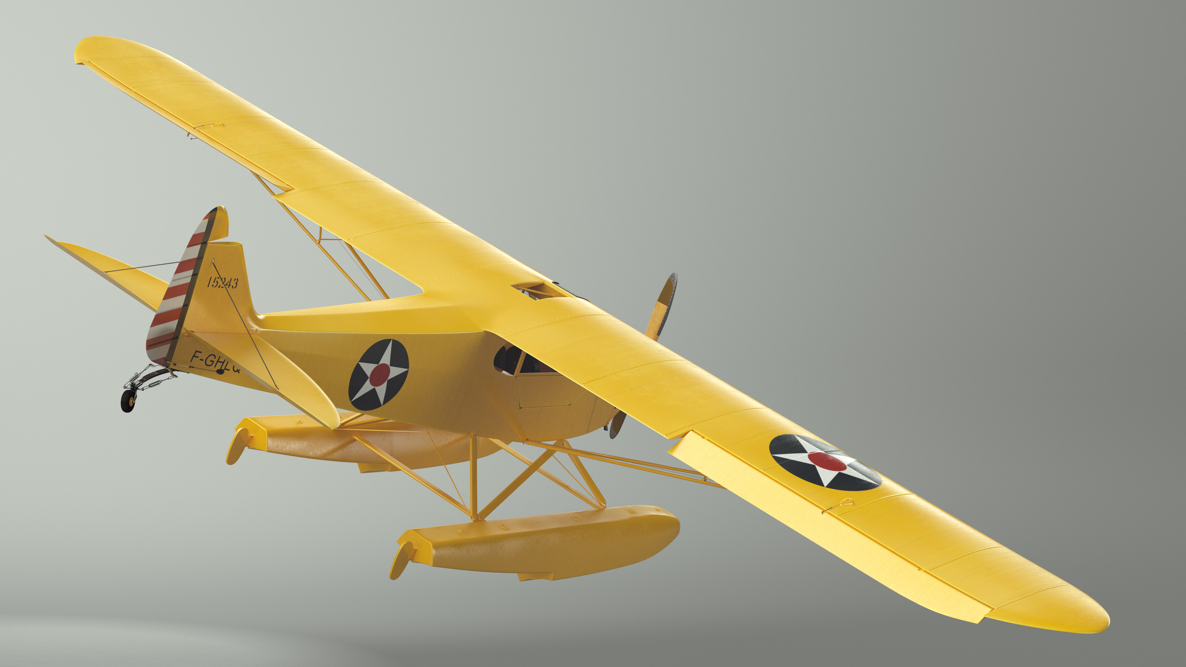 Piper J-3 Cub Light Aircraft with Floats Rigged 3D