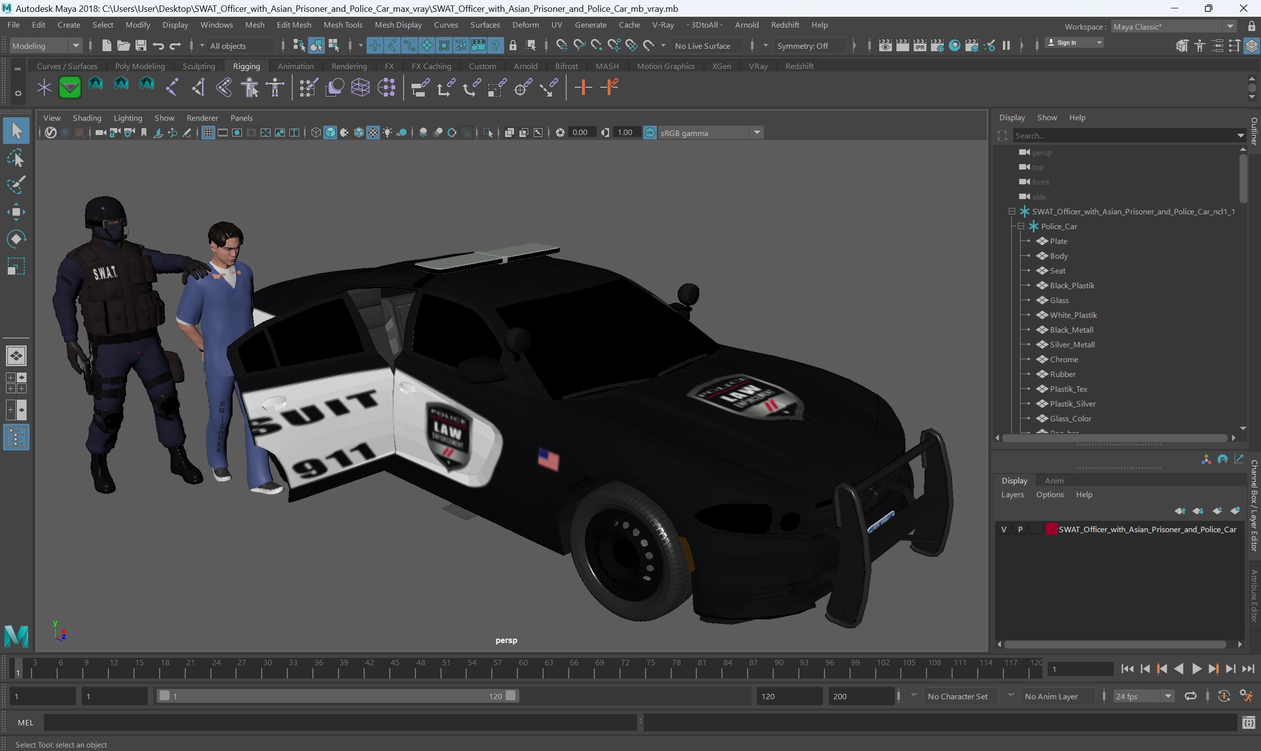 SWAT Officer with Asian Prisoner and Police Car 3D