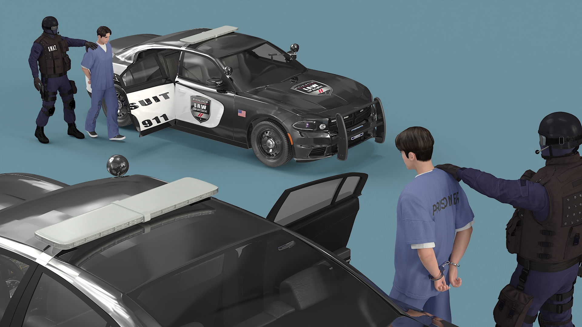 SWAT Officer with Asian Prisoner and Police Car 3D