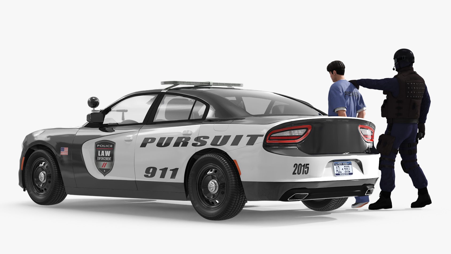 SWAT Officer with Asian Prisoner and Police Car 3D