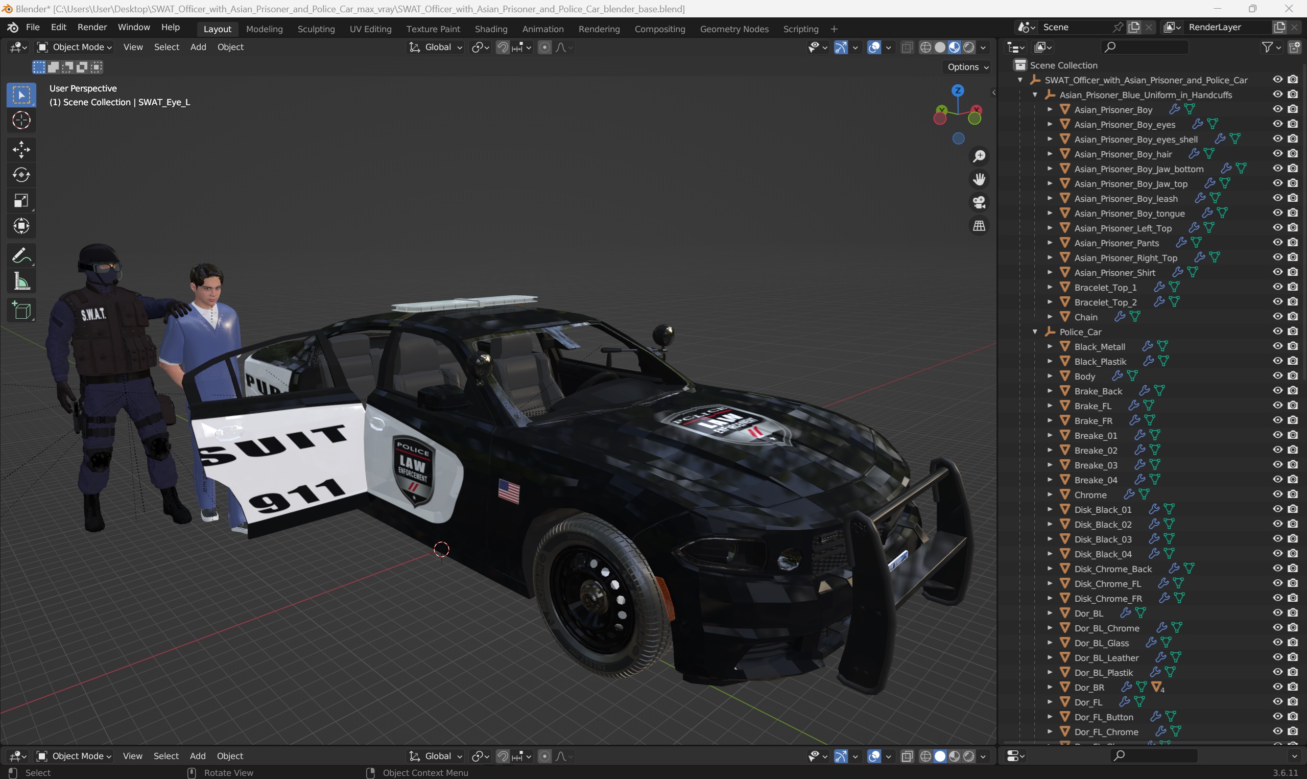 SWAT Officer with Asian Prisoner and Police Car 3D