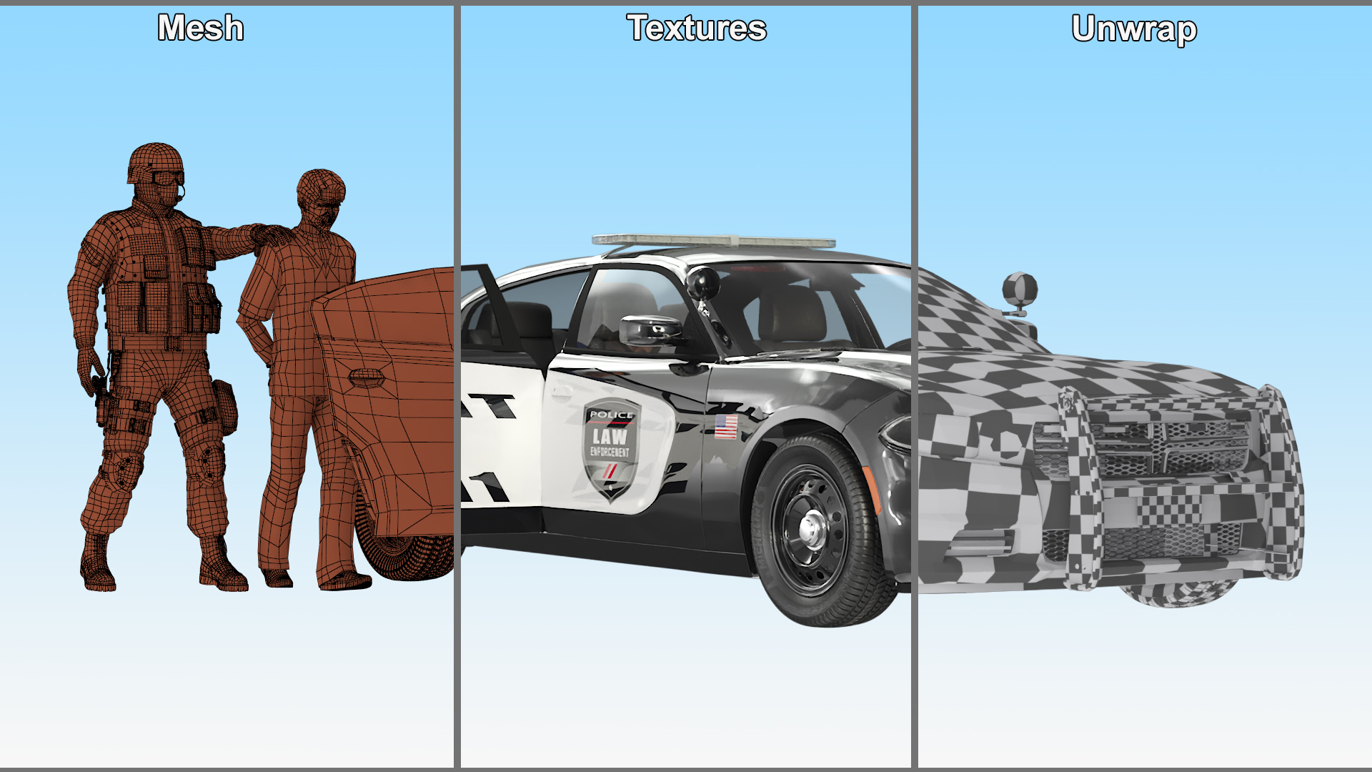 SWAT Officer with Asian Prisoner and Police Car 3D