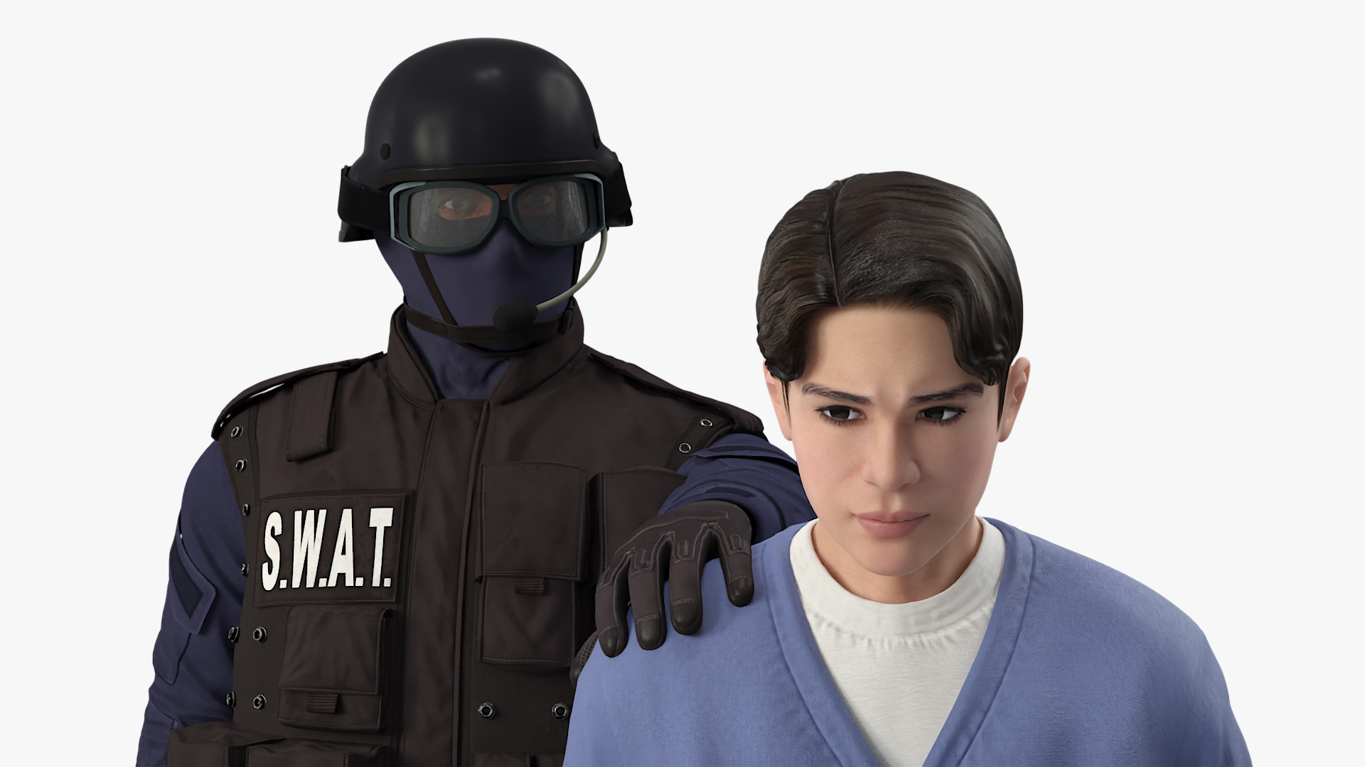 SWAT Officer with Asian Prisoner and Police Car 3D