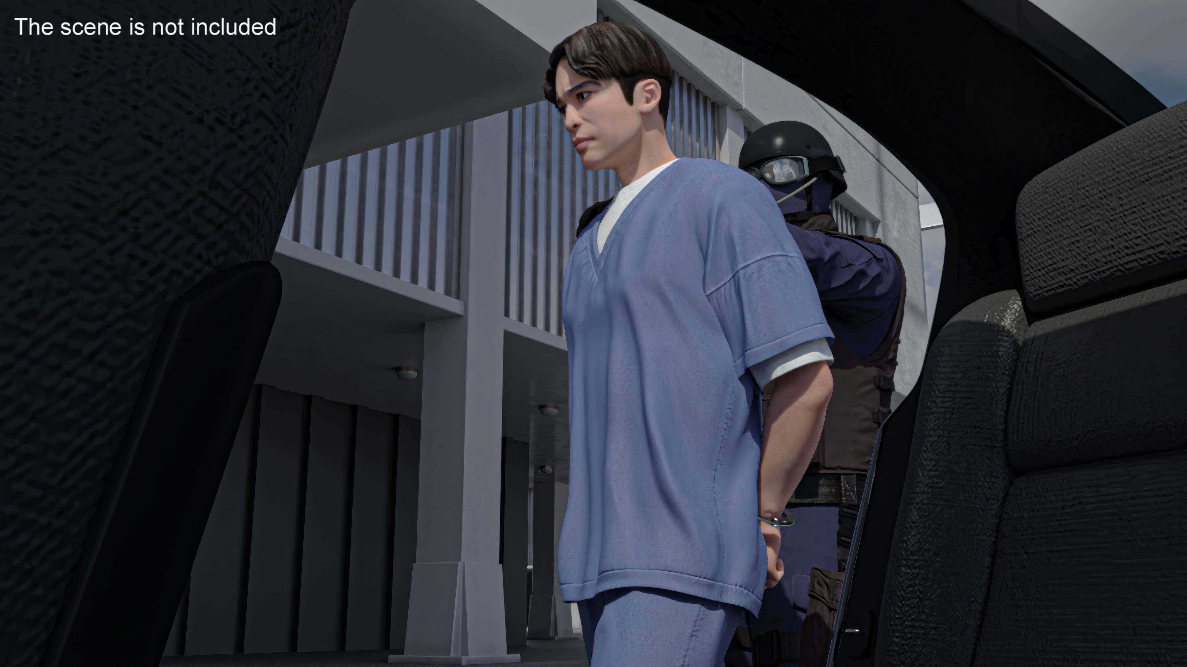 SWAT Officer with Asian Prisoner and Police Car 3D