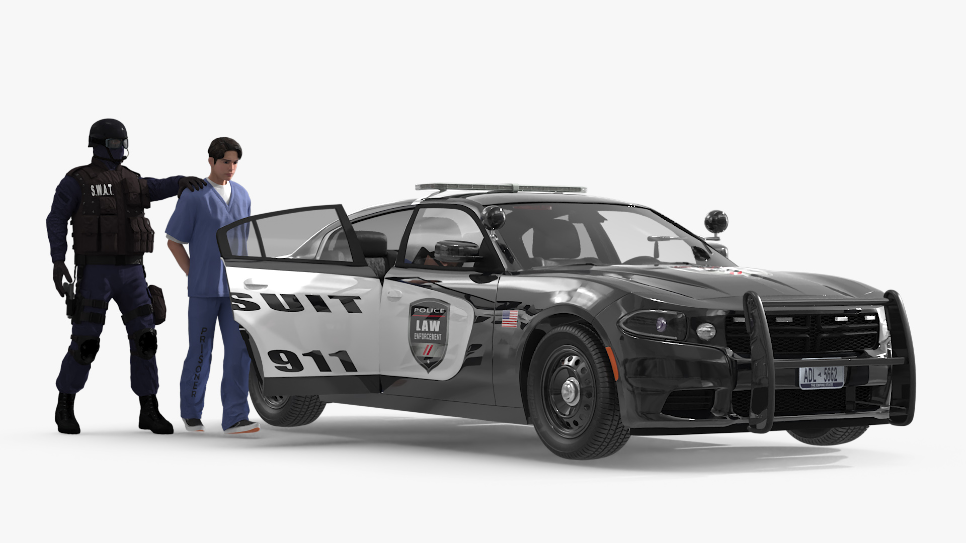 SWAT Officer with Asian Prisoner and Police Car 3D