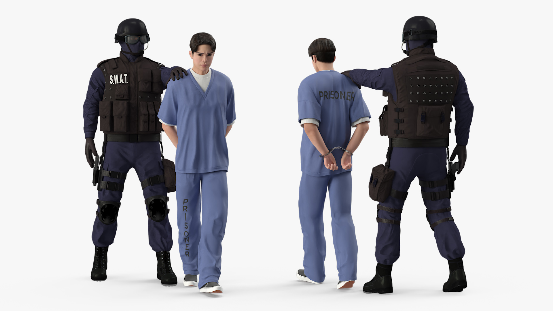 SWAT Officer with Asian Prisoner and Police Car 3D