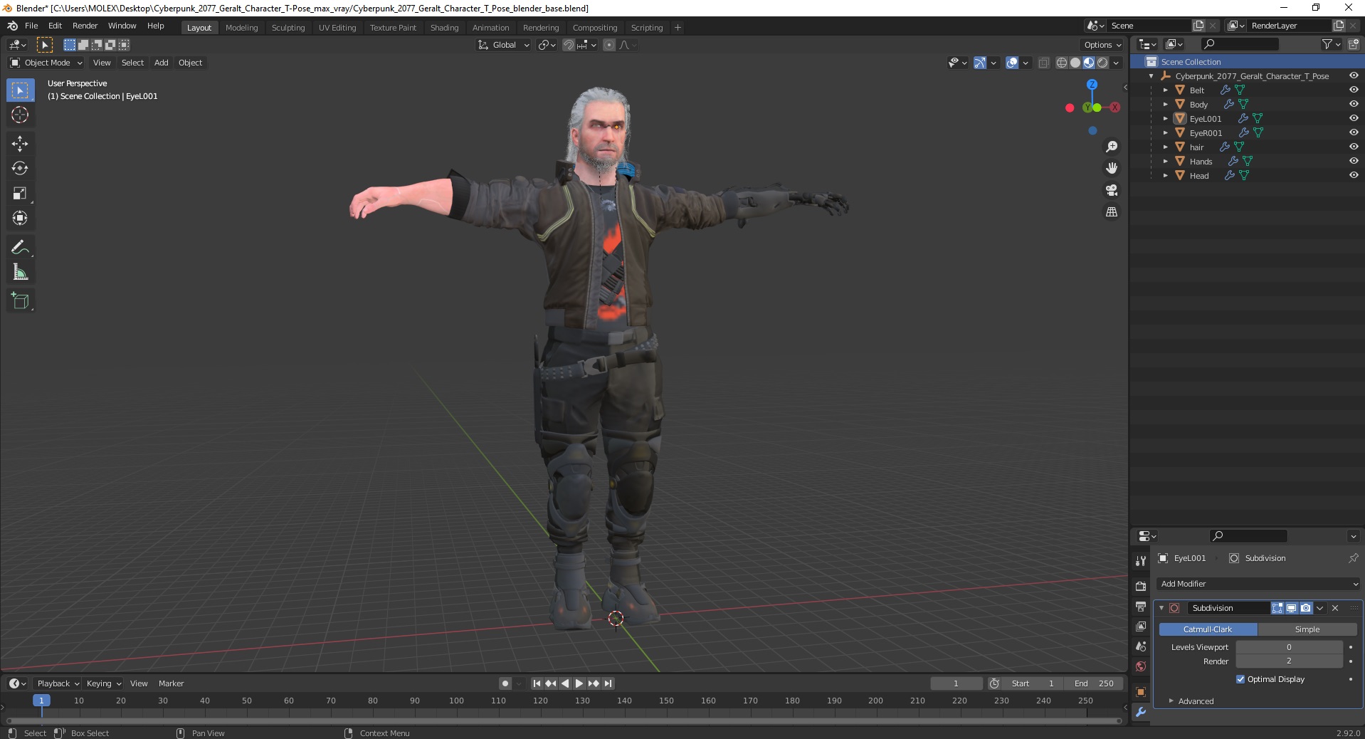 3D Cyberpunk 2077 Geralt Character T-Pose model