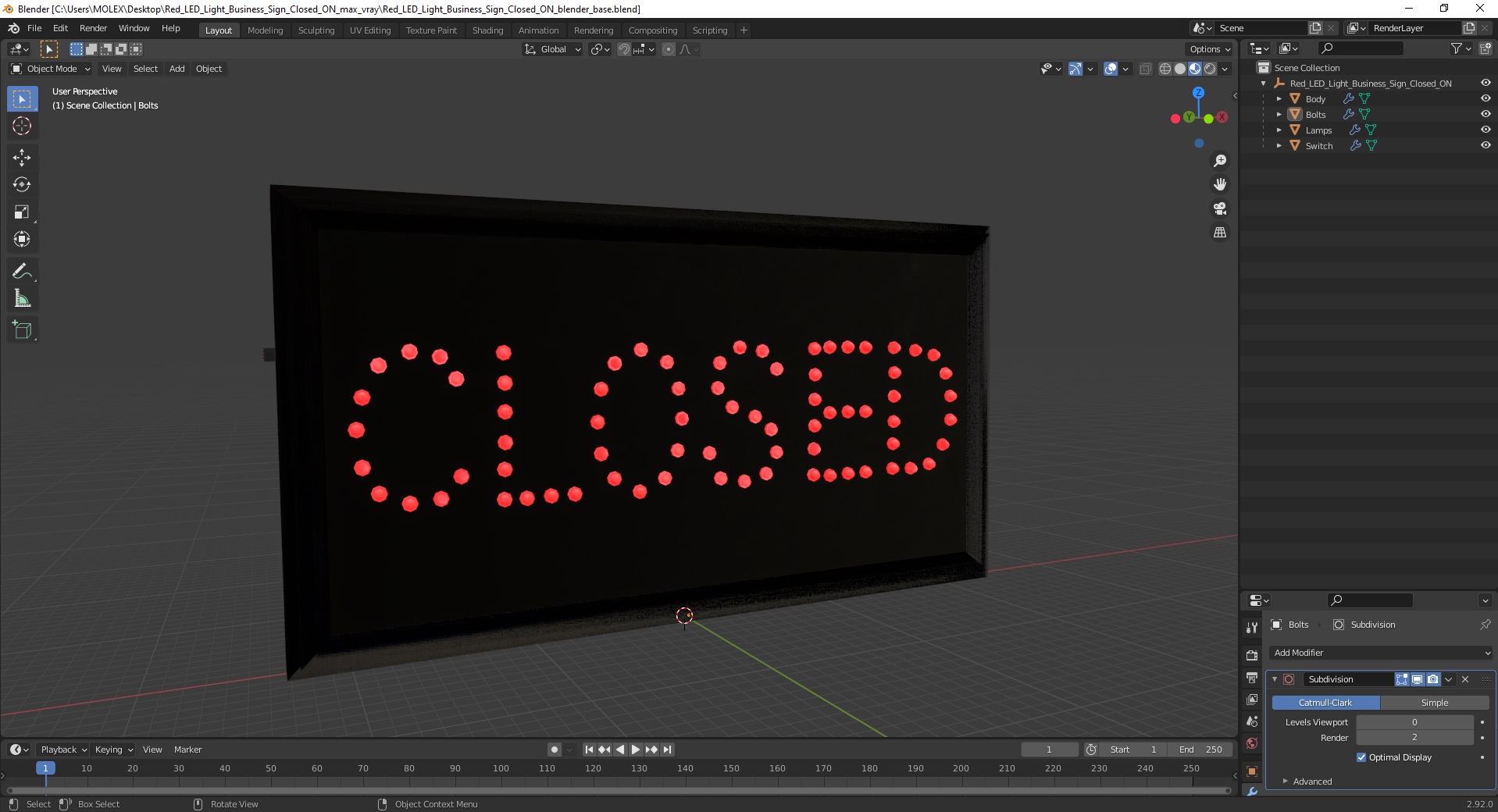 Red LED Light Business Sign Closed ON 3D