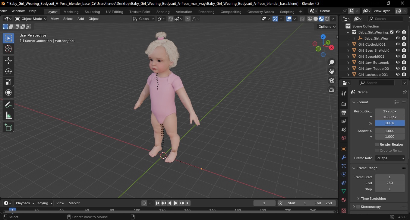 3D Baby Girl Wearing Bodysuit A-Pose model