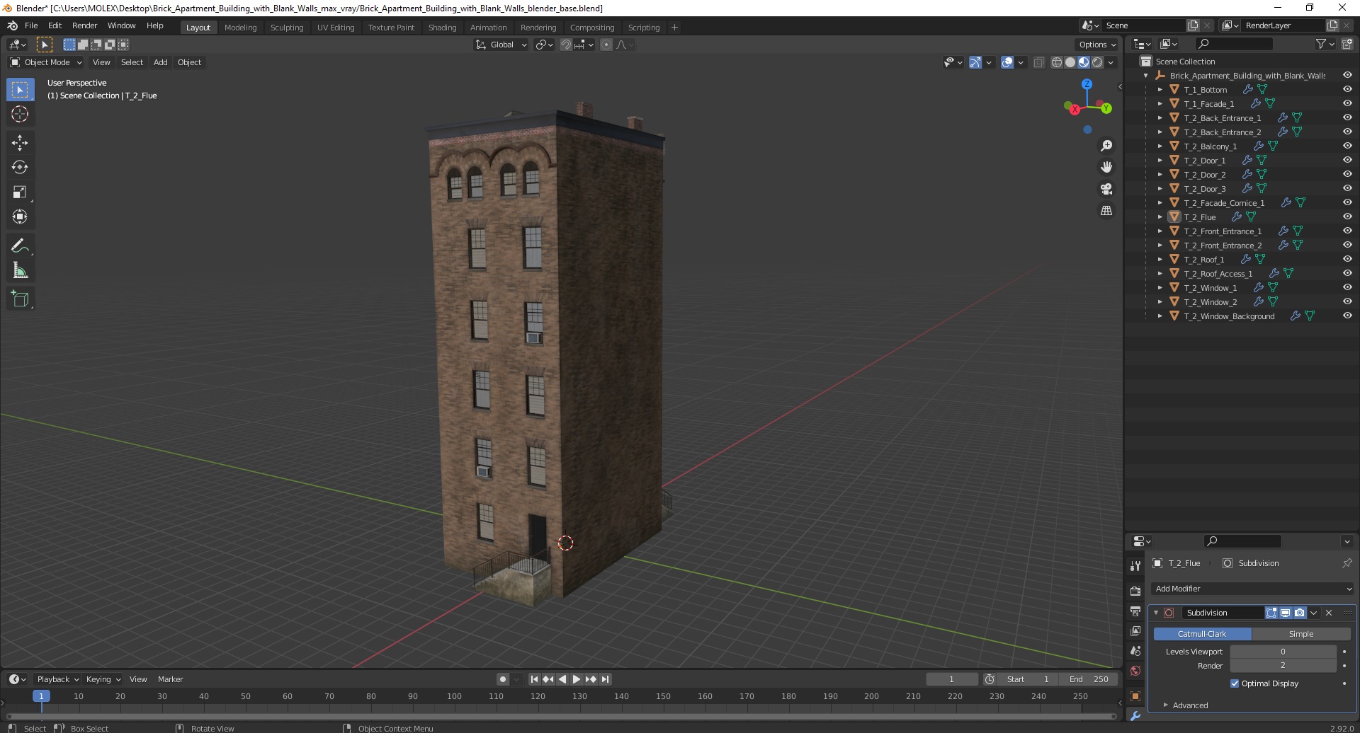 3D Brick Apartment Building with Blank Walls