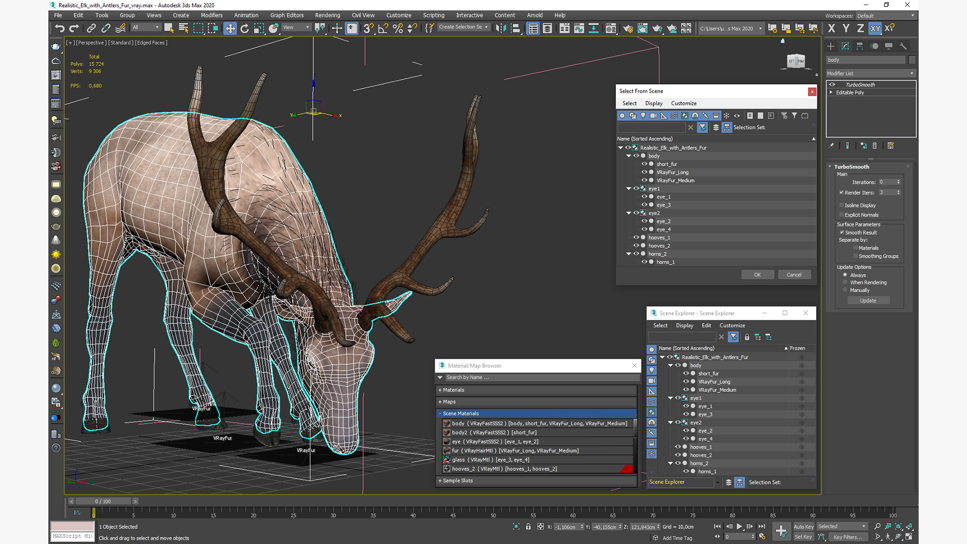 3D model Realistic Elk with Antlers Fur