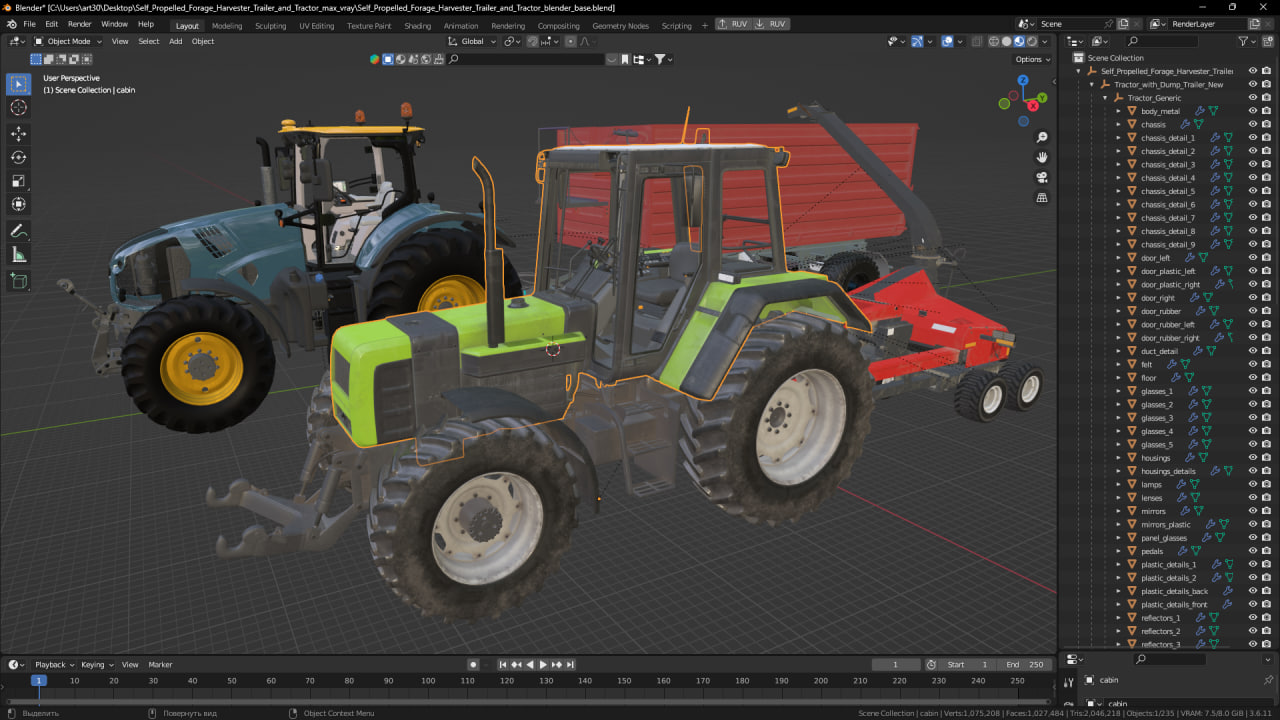 3D Self Propelled Forage Harvester Trailer and Tractor