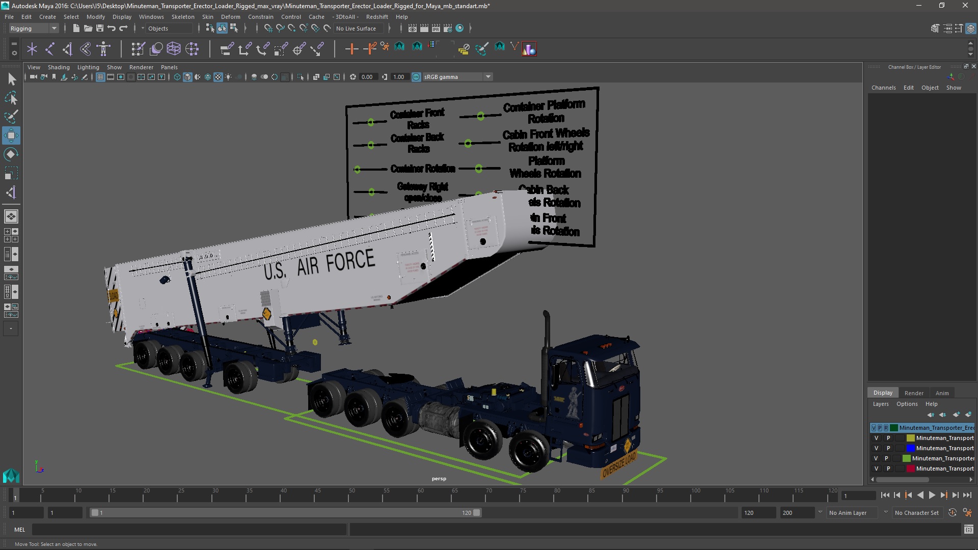 Minuteman Transporter Erector Loader Rigged for Maya 3D