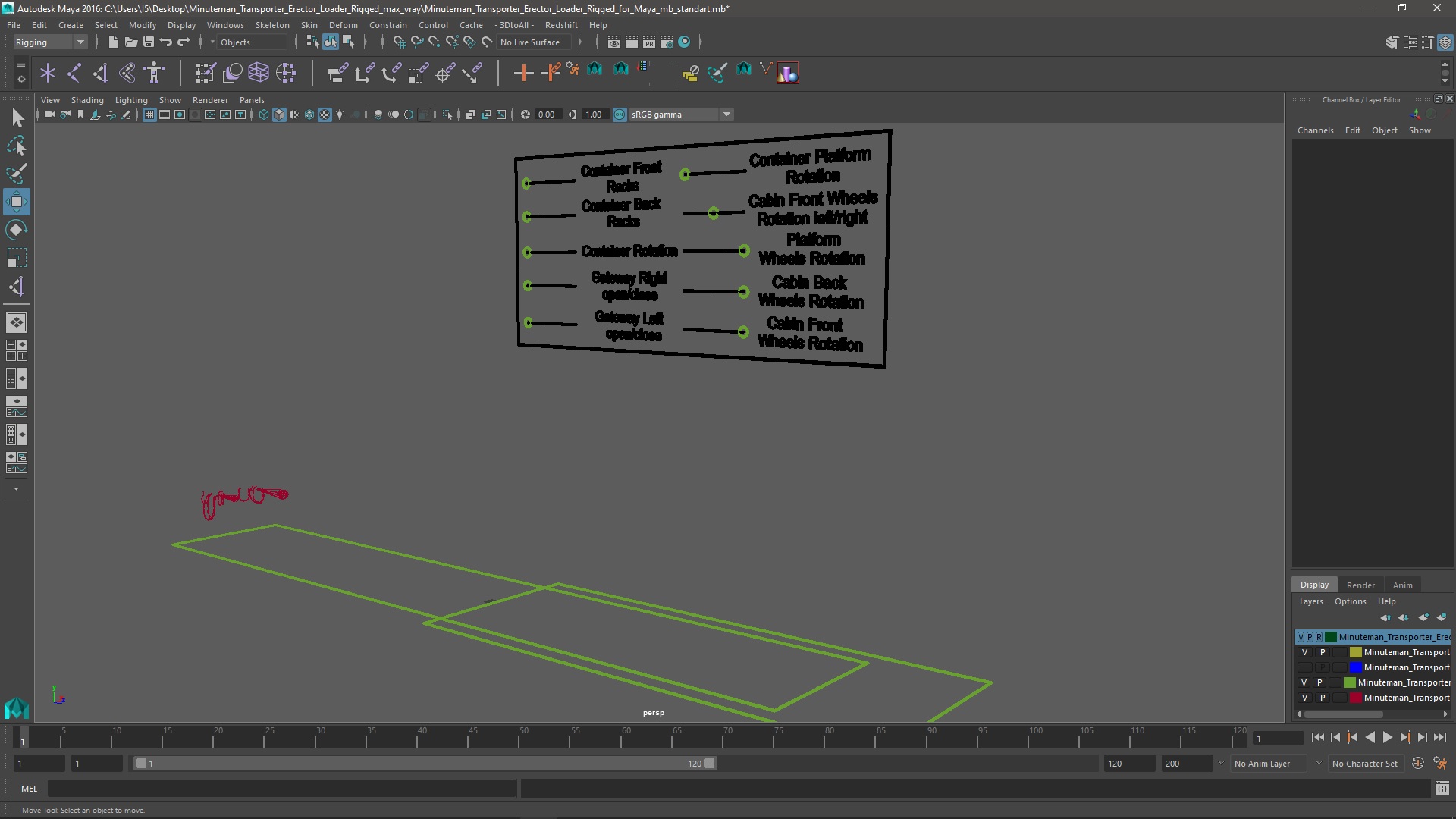 Minuteman Transporter Erector Loader Rigged for Maya 3D