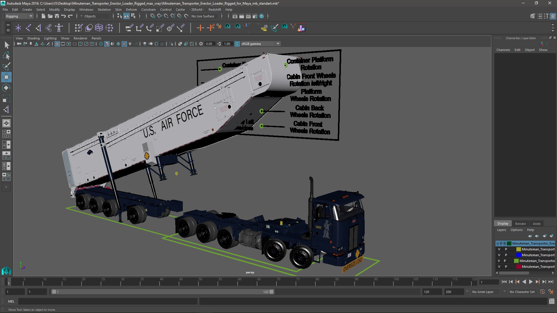 Minuteman Transporter Erector Loader Rigged for Maya 3D