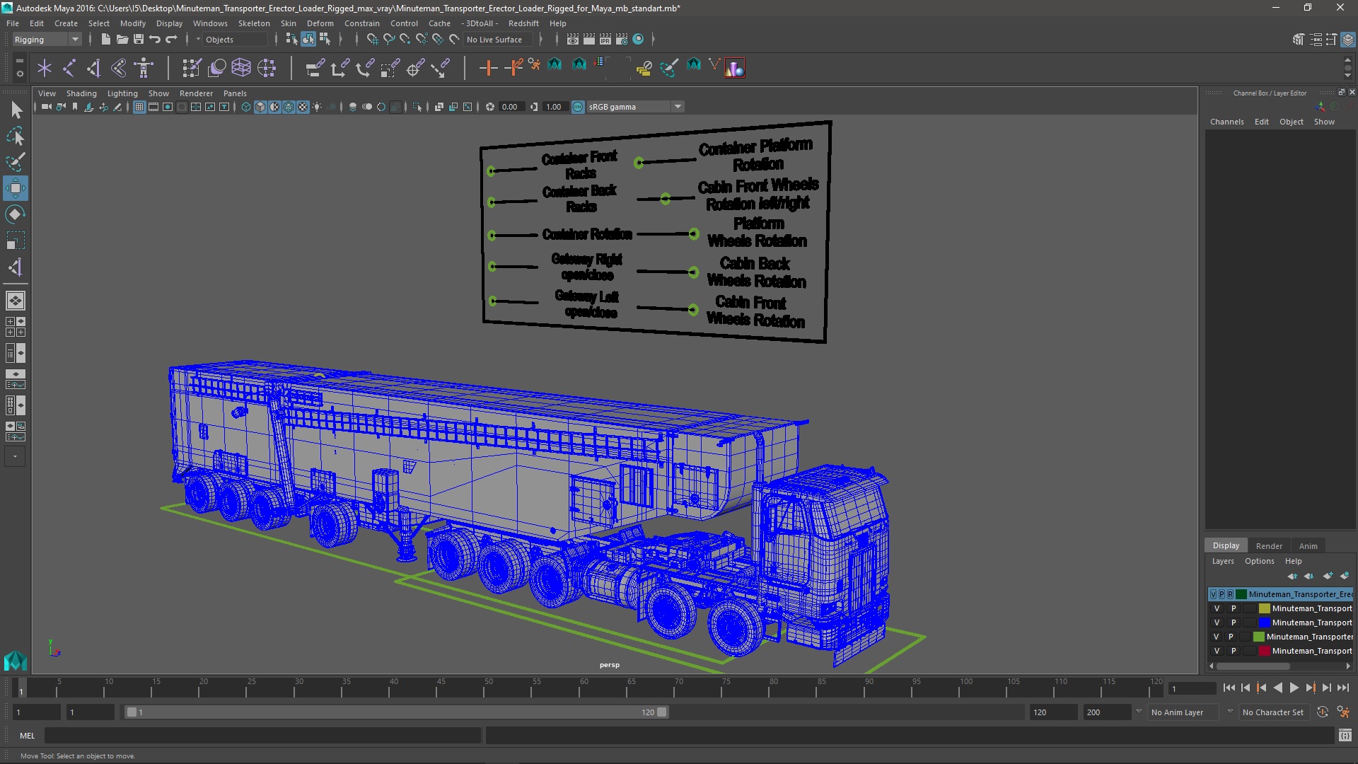 Minuteman Transporter Erector Loader Rigged for Maya 3D