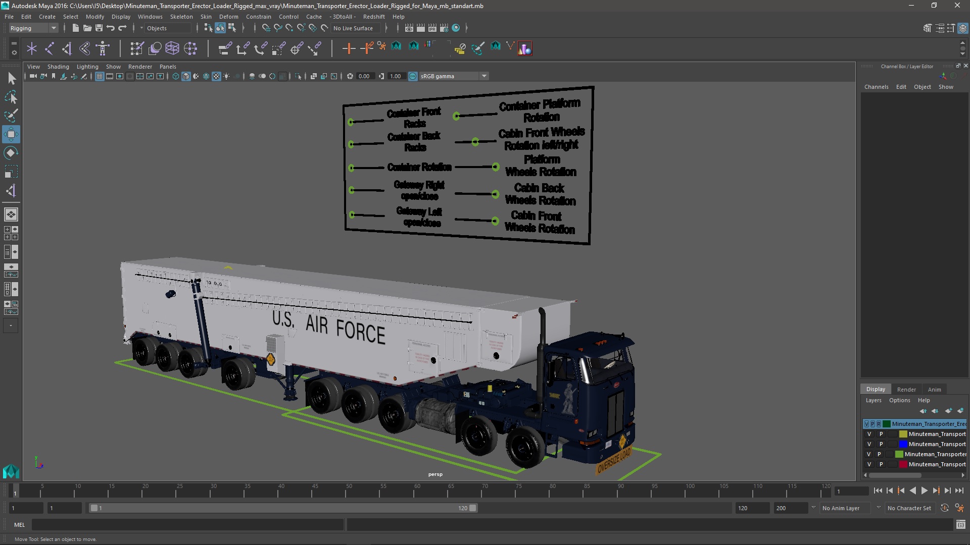 Minuteman Transporter Erector Loader Rigged for Maya 3D