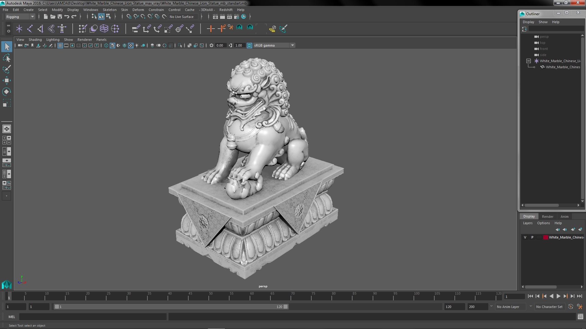 White Marble Chinese Lion Statue 3D