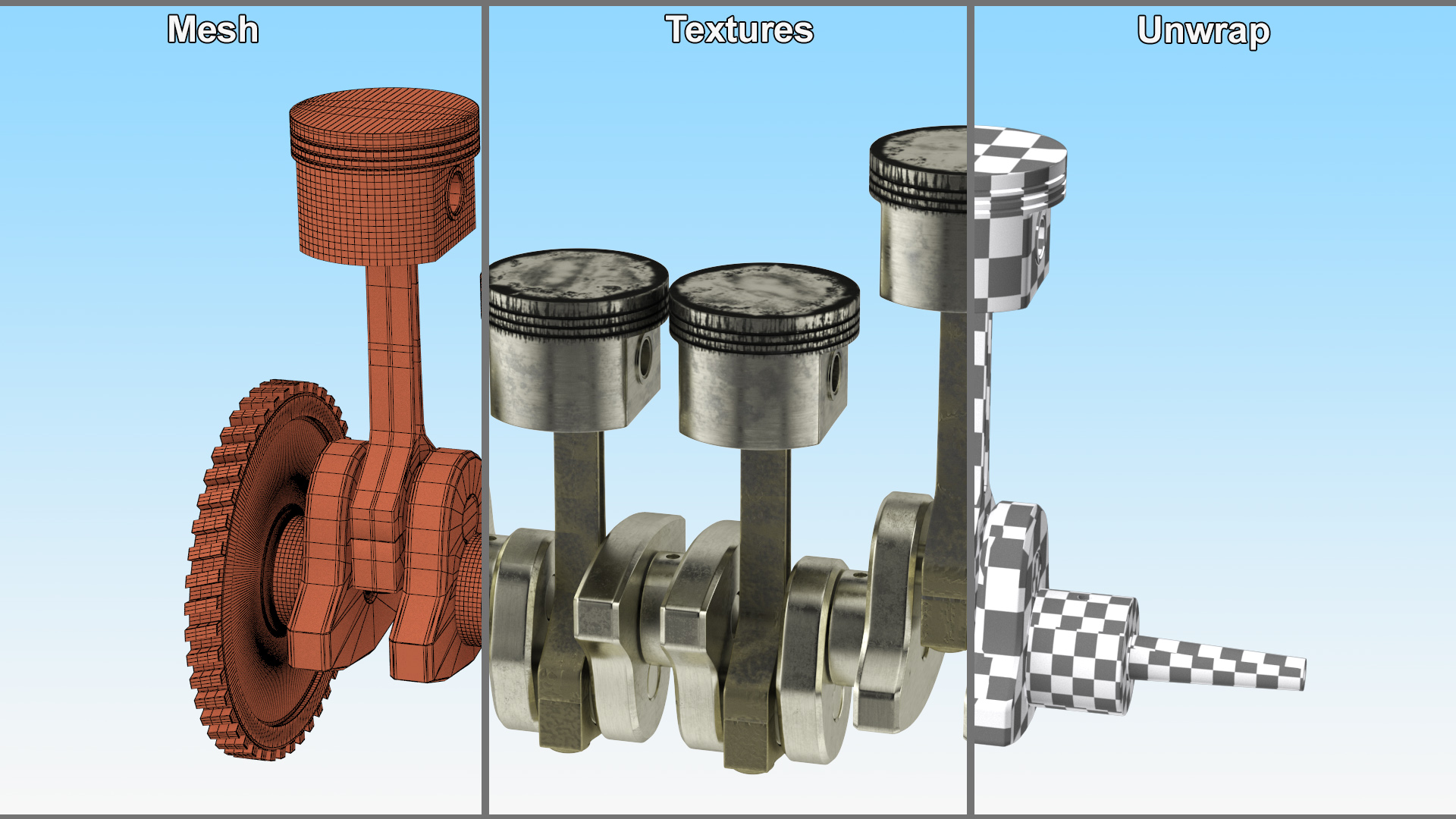 3D Engine Pistons and Crankshaft Rigged